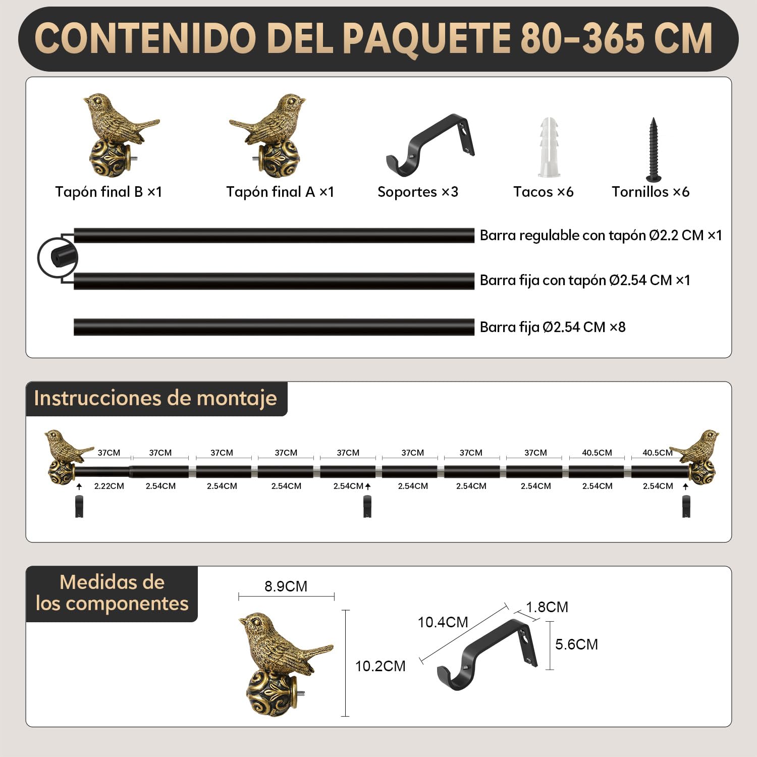 Tringle à Rideau Noir 80-365cm,Embouts Décoratifs En Forme D'Oiseau | DiamèTre 25mm,Extensible MéTal Renforcé,Fixation Murale,Avec Supports,Adapté Pour IntéRieure,Salon,Chambre Et FenêTres.