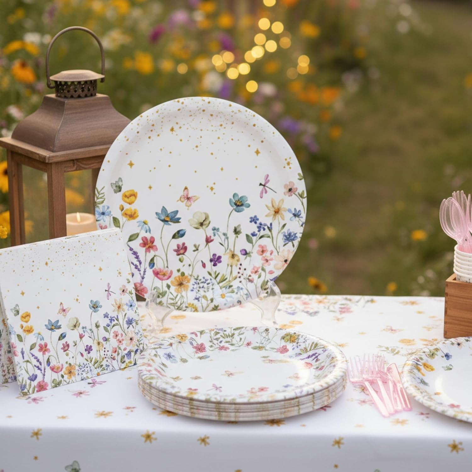 454PCS Wildflower Birthday Decorations Set, Floral Party Supplies with Plates, Napkins, Cups, Cutlery, Straws, Tablecloths, Banners for Tea Party Decorations, Serve 50 - Image 4