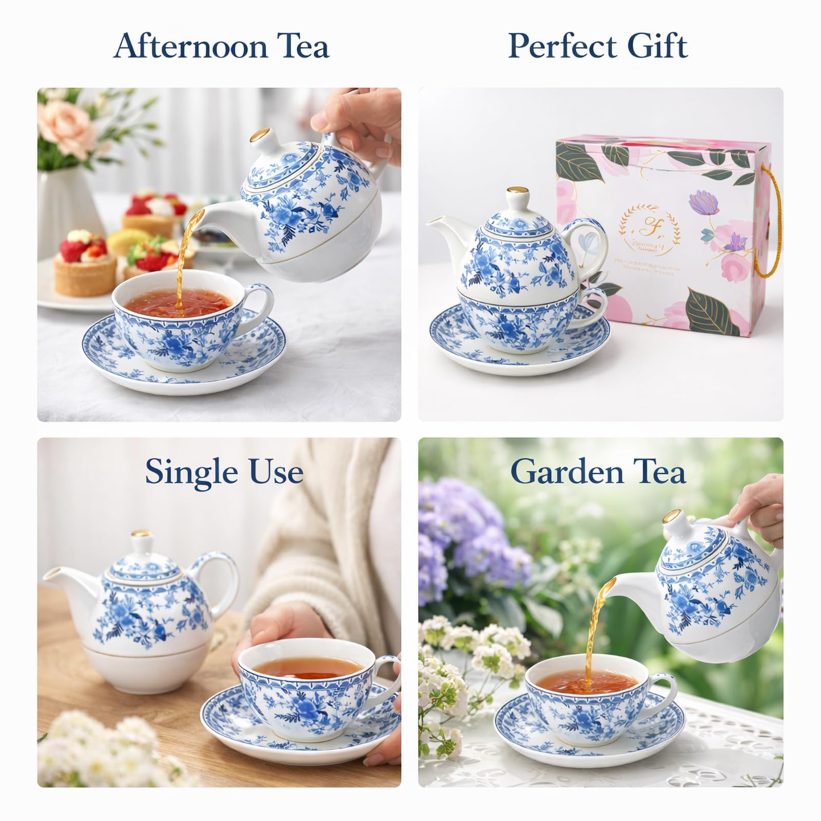 Porcelain Tea for One Set Beautiful Flower Ceramic Teapot with Cup Gifted Box (Blue and White)