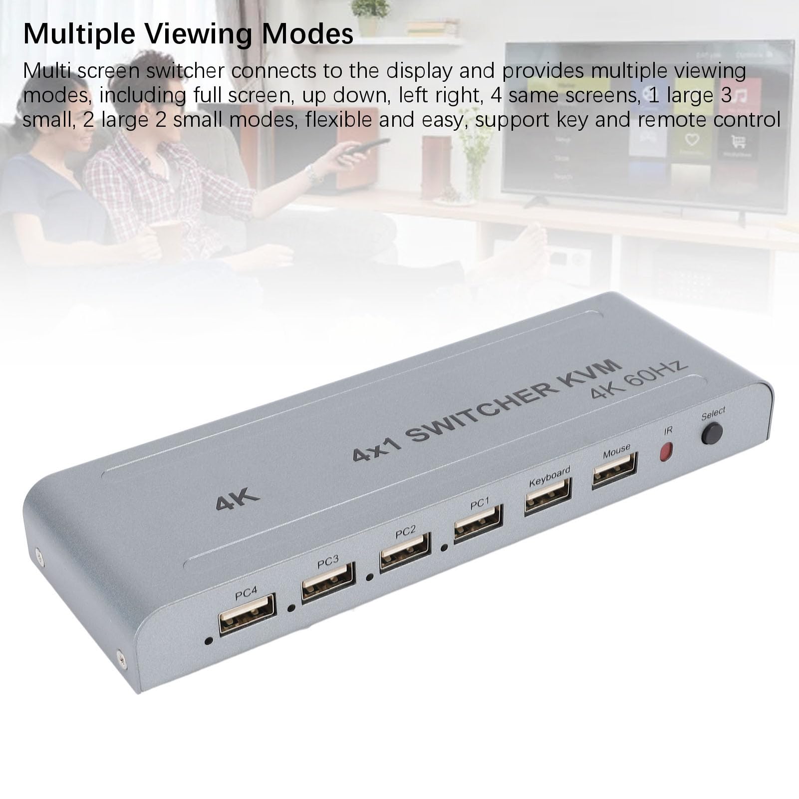 HD Multimedia Splitter, 4K 60Hz 4 in 1 Out Multi Viewer Seamless Switcher with Remote Controller, Supports Multiple Audible Formats, Real Time Multiviewer (US Plug)