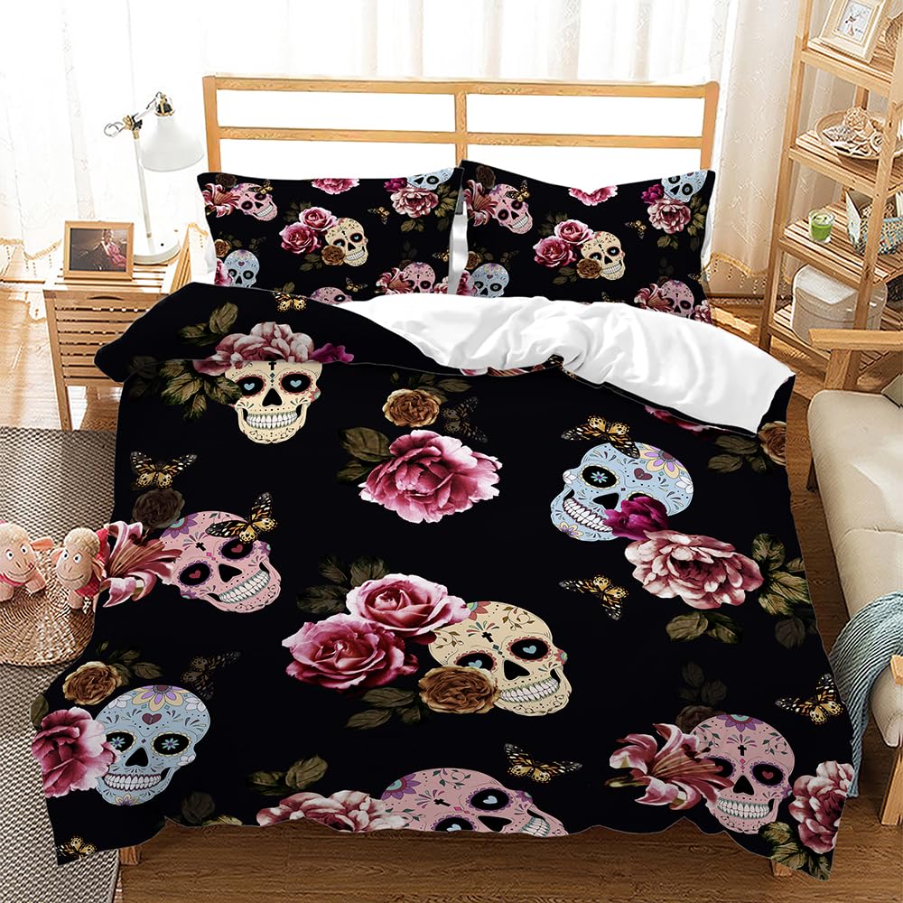 Housse de couette 200x200 crâne de fleurs en microfibre imprimée avec 2 taies