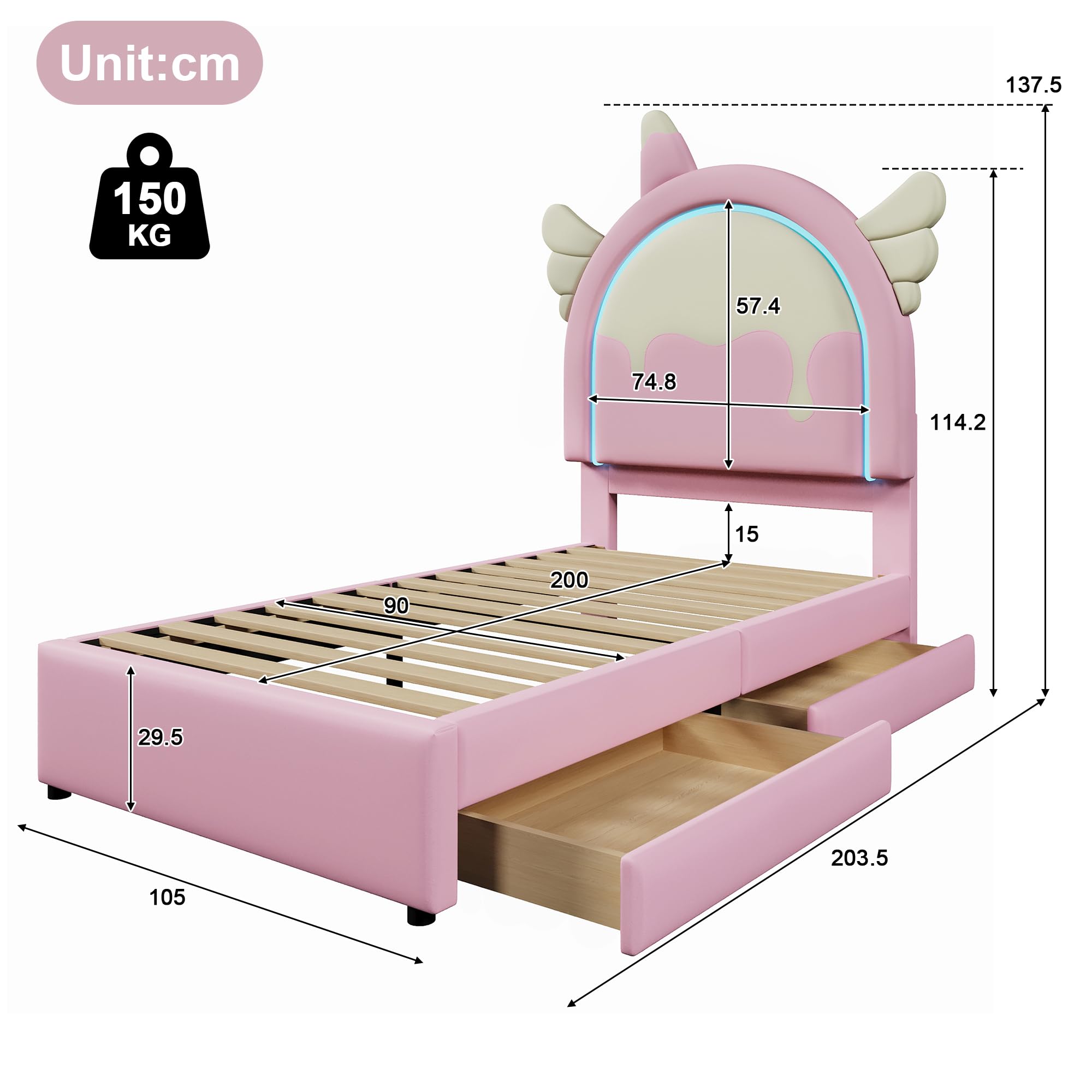 Lettino per bambini, 90 x 200 cm, con LED, struttura per letto singolo con 2 cassetti, struttura per letto singolo con rete a doghe e testiera a forma di unicorno, PU, rosa