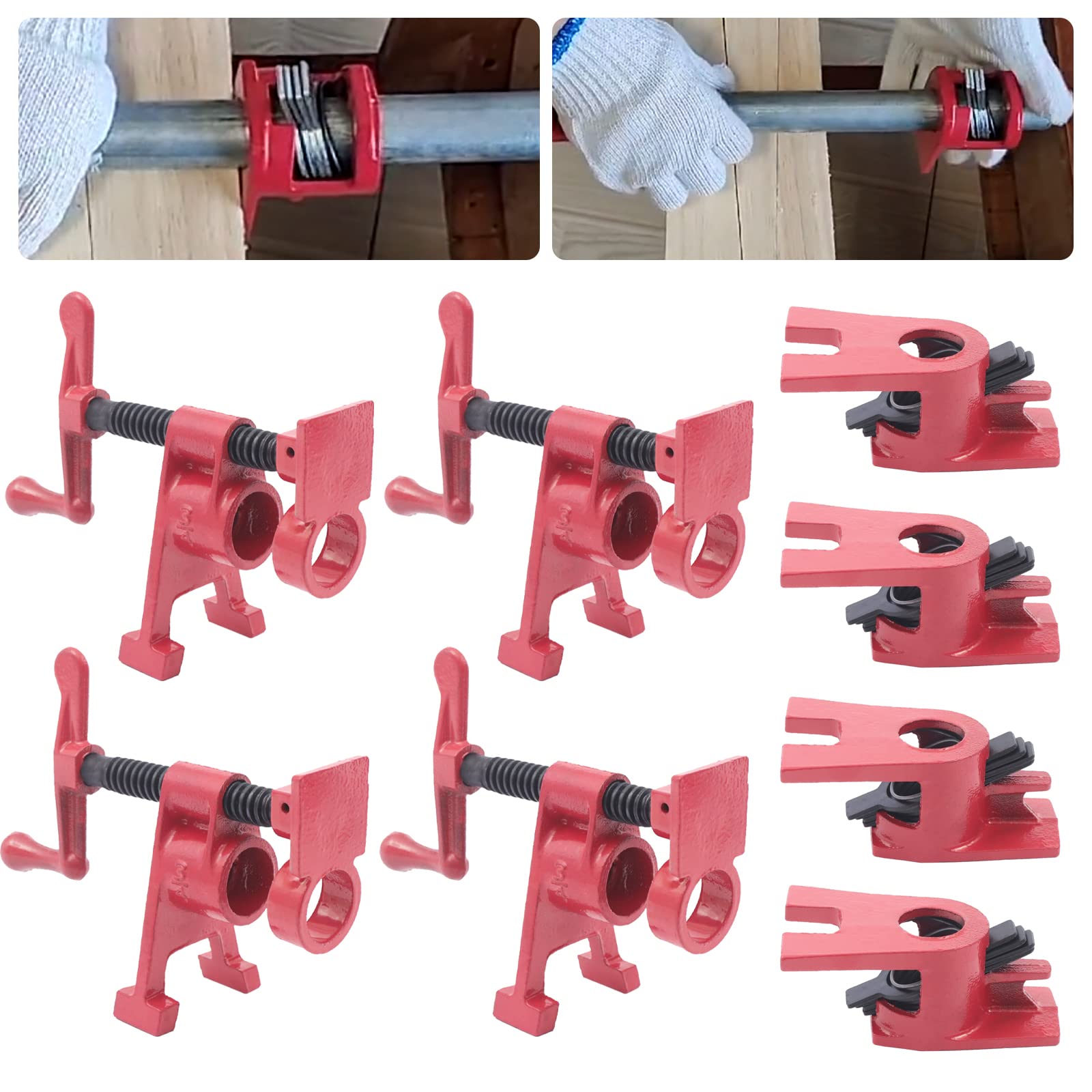 Juego de 4 abrazaderas de madera de 3/4 pulgadas para tuberías, de hierro fundido, de liberación rápida, con base ancha, herramientas auxiliares, adecuadas para carpinteros