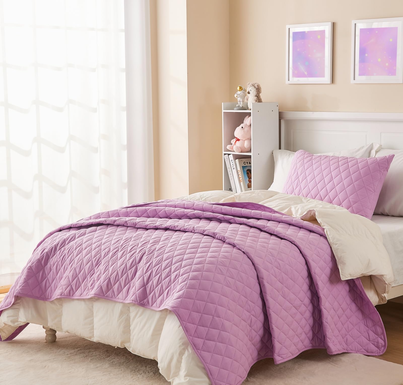 2 Piece Twin/Twin XL Quilt Set Purple for Girls, Quilted Bedspread Coverlet Set, Reversible Twin Bedspread Blanket Kids Quilted Bedding Set Lightweight with 1 Quilt and 1 Pillow Sham,Purple