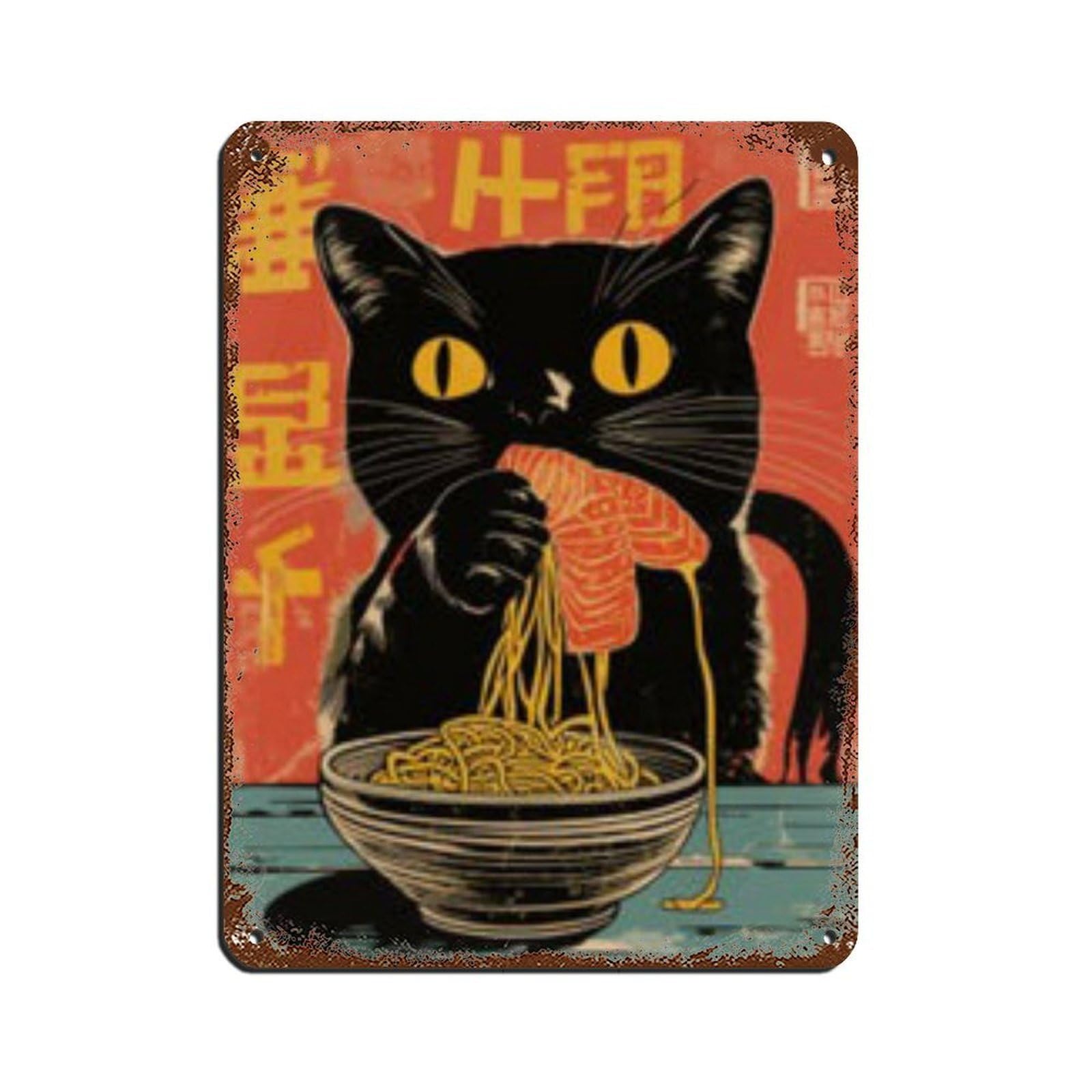Lxwnze 30L X 40W Cm Eigenzinnige Zwarte Kat Die Ramen Eet Poster Retro Poster Metal Tin Sign Chic Art Retro Iron Painting Bar People Cave Cafe Family Garage Poster Wall Decoration 12X16inch(30X40cm)