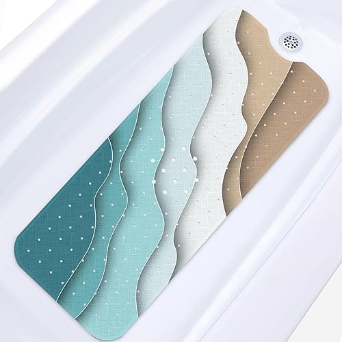 Alfombra de baño de playa abstracta azul para bañera antideslizante, azul mar, 40 x 16 pulgadas, tapete extra largo para bañera antideslizante con