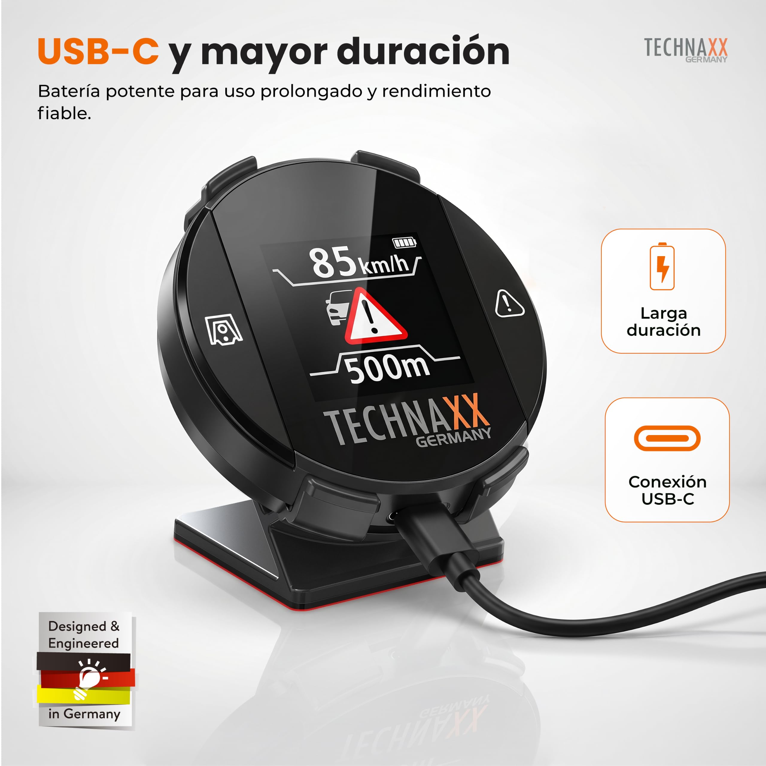 Technaxx Detector de Radar con Blitzer.de – Dispositivo Inteligente de Alertas de Tráfico con Pantalla Integrada, Alertas de Velocidad y Peligros en Tiempo Real, Activación Automática - TX-388
