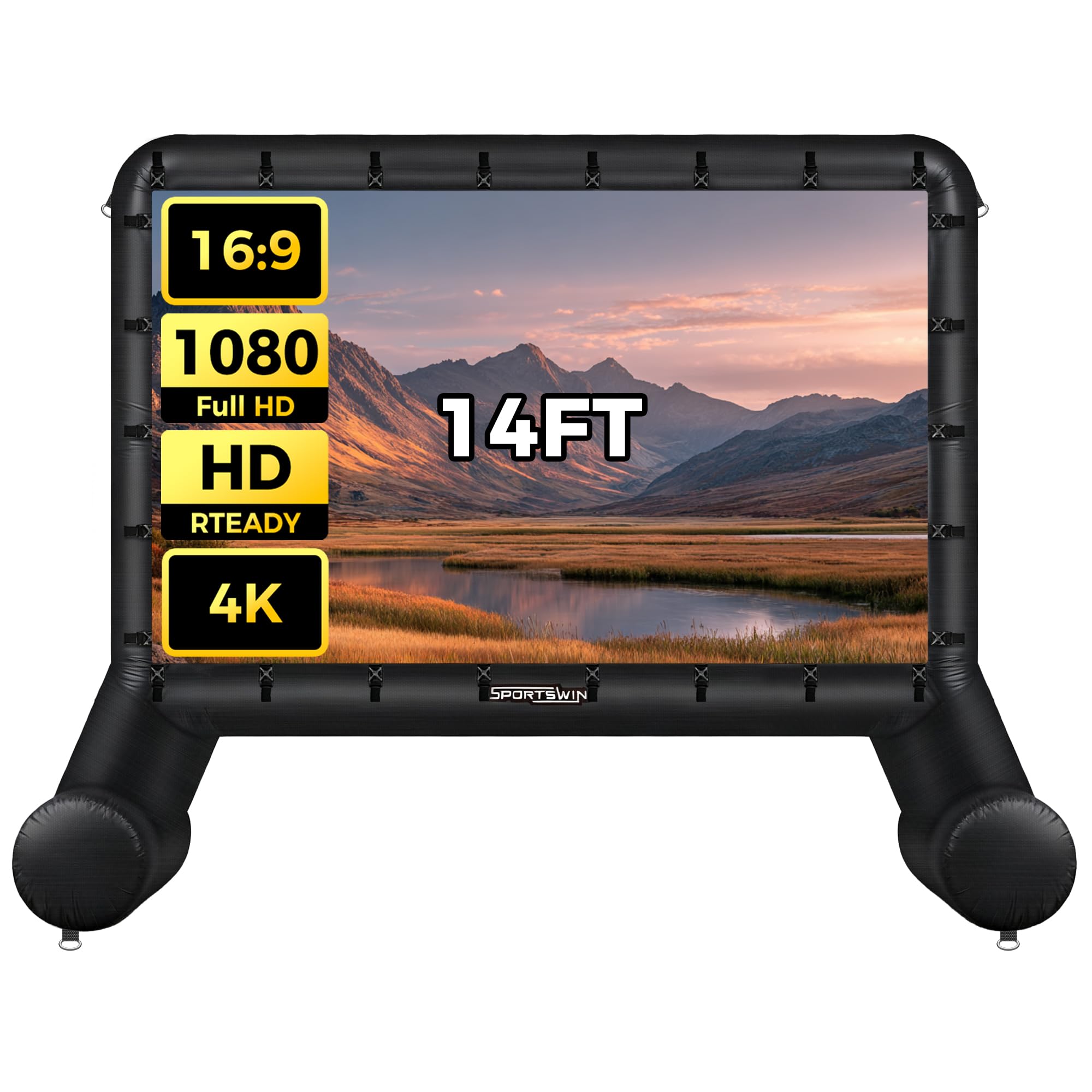 SPORTSWIN 14 FT Inflatable Outdoor Movie Screen, Blow Up Projector Screen Outdoor with Air Blower, Movie Screens for Backyard with One Piece Design,