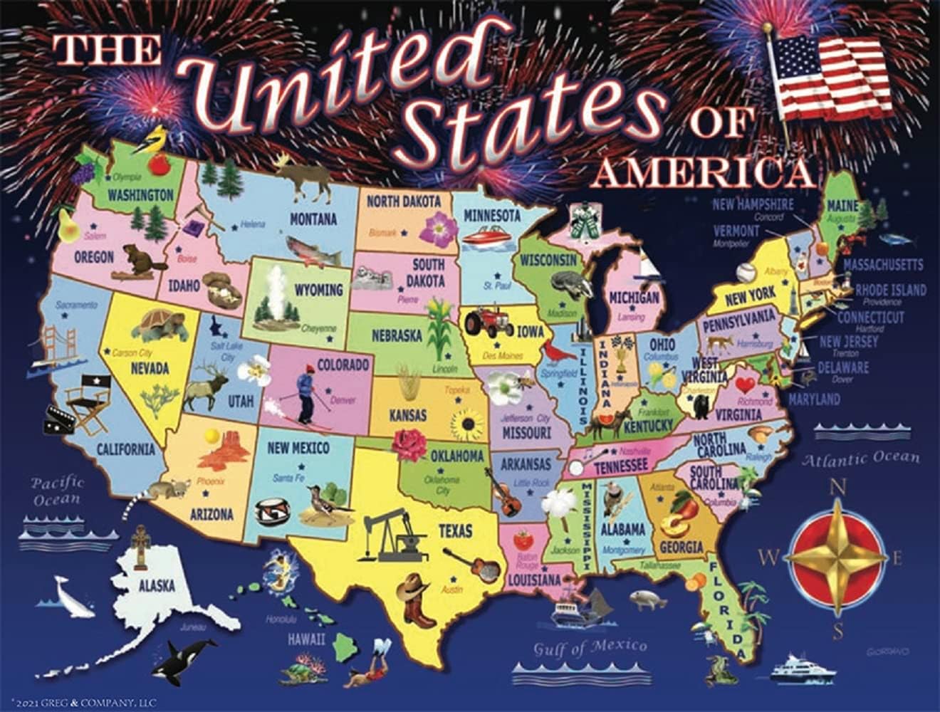 SunsOut United States Map 1000 piece Jigsaw Puzzle by Artist Giordano Studios - Finished Size 20" x 27", Fourth of July, Patriotic, America - MPN# 37266