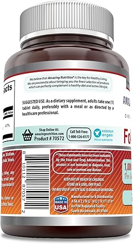 Miniatura 5 de Amazing Formulas Suplemento de ácido fólico de 1000 mcg (1 mg) en tabletas, vitamina B9, sin OMG, sin gluten, fabricado en Estados Unidos (500