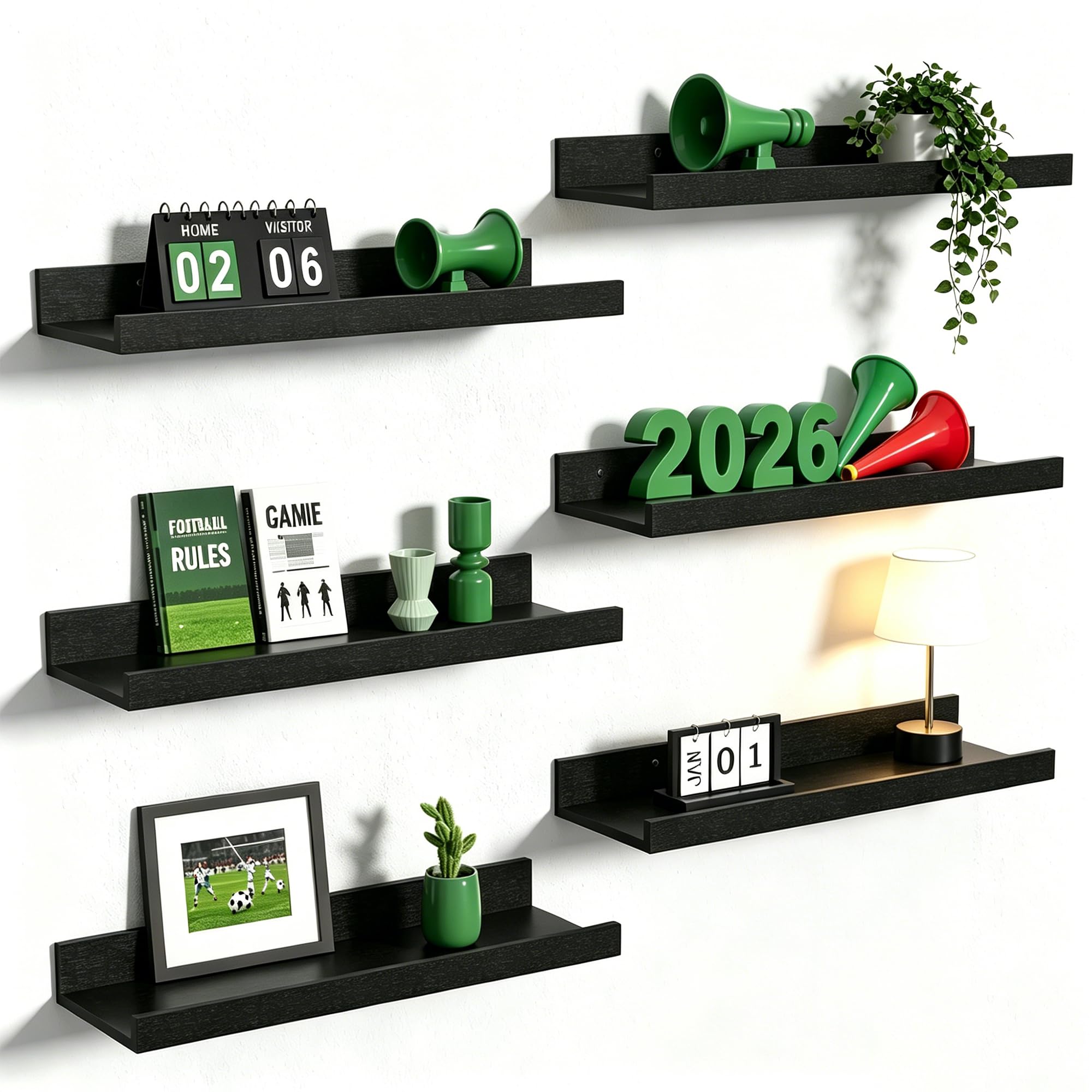 upsimples Floating Shelves for Wall, Wall Shelves for Decor Storage Set of 6, Wall Mounted Wood Shelf for Bedroom, Living Room, Bathroom, Kitchen, Picture Ledge Shelf, Black