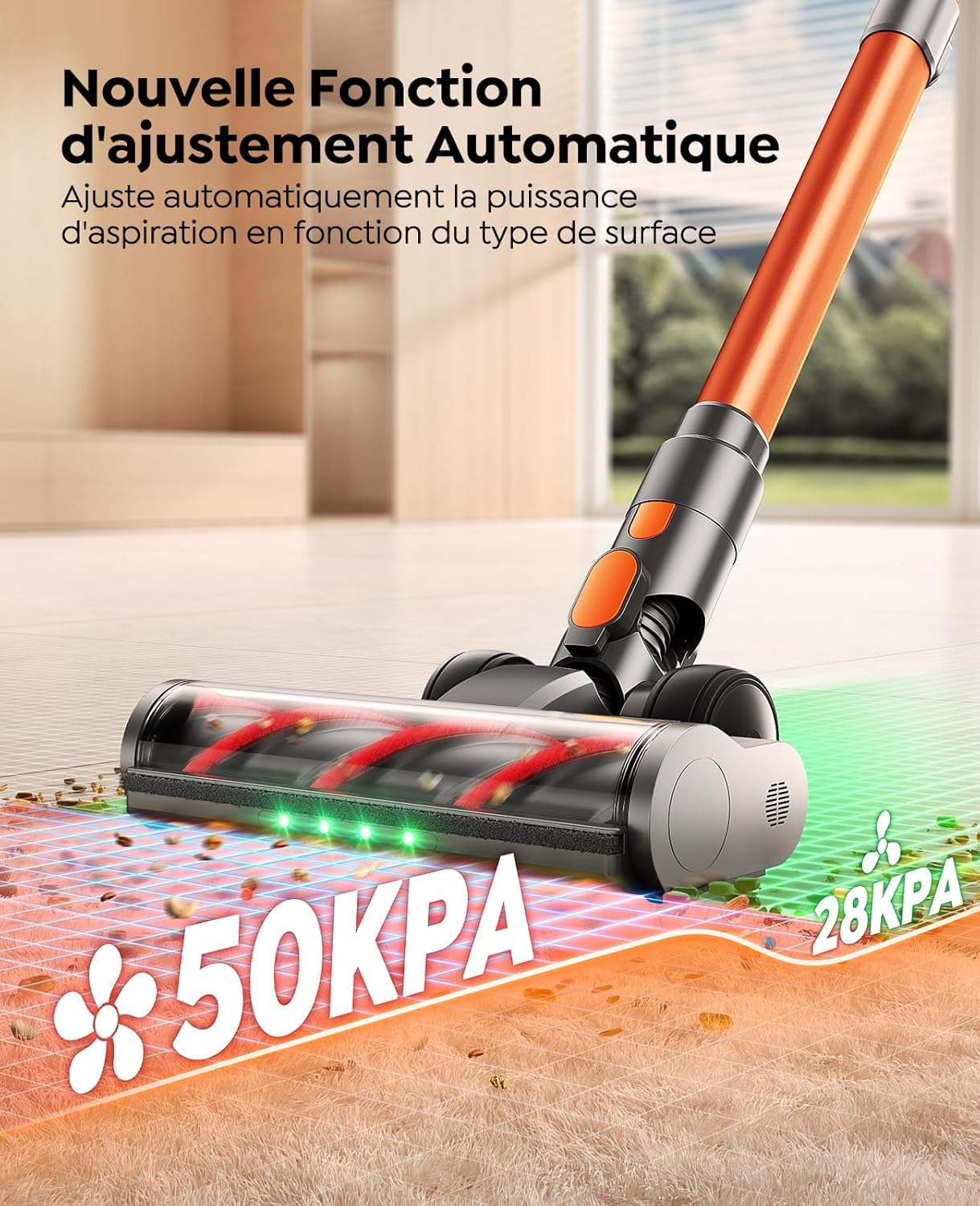 Fieety Aspirateur Balai sans Fil, 50kPa/600W/65Min Aspirateur sans Fil Puissant avec Tube Pliable Parfumé Mode Automatique Tuyau Extensible 1m pour Poils d'animaux, Tapis, Sols Durs et Voiture