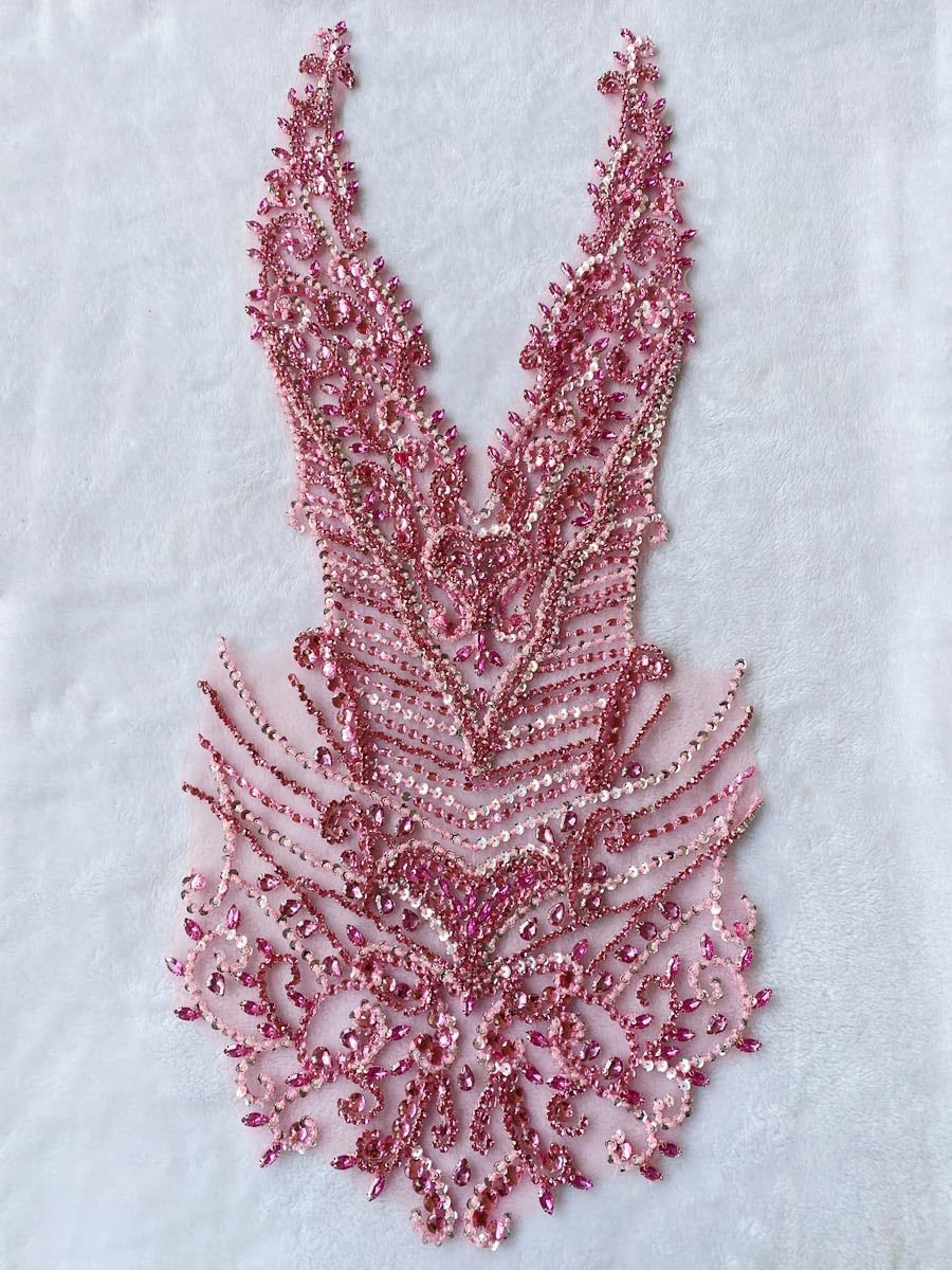 Handmade Rhinestones Large Bodice Applique Glass Stones Beads Bright Crystal Lace Patches Accessories for Weding Dress Decorations (Pink)