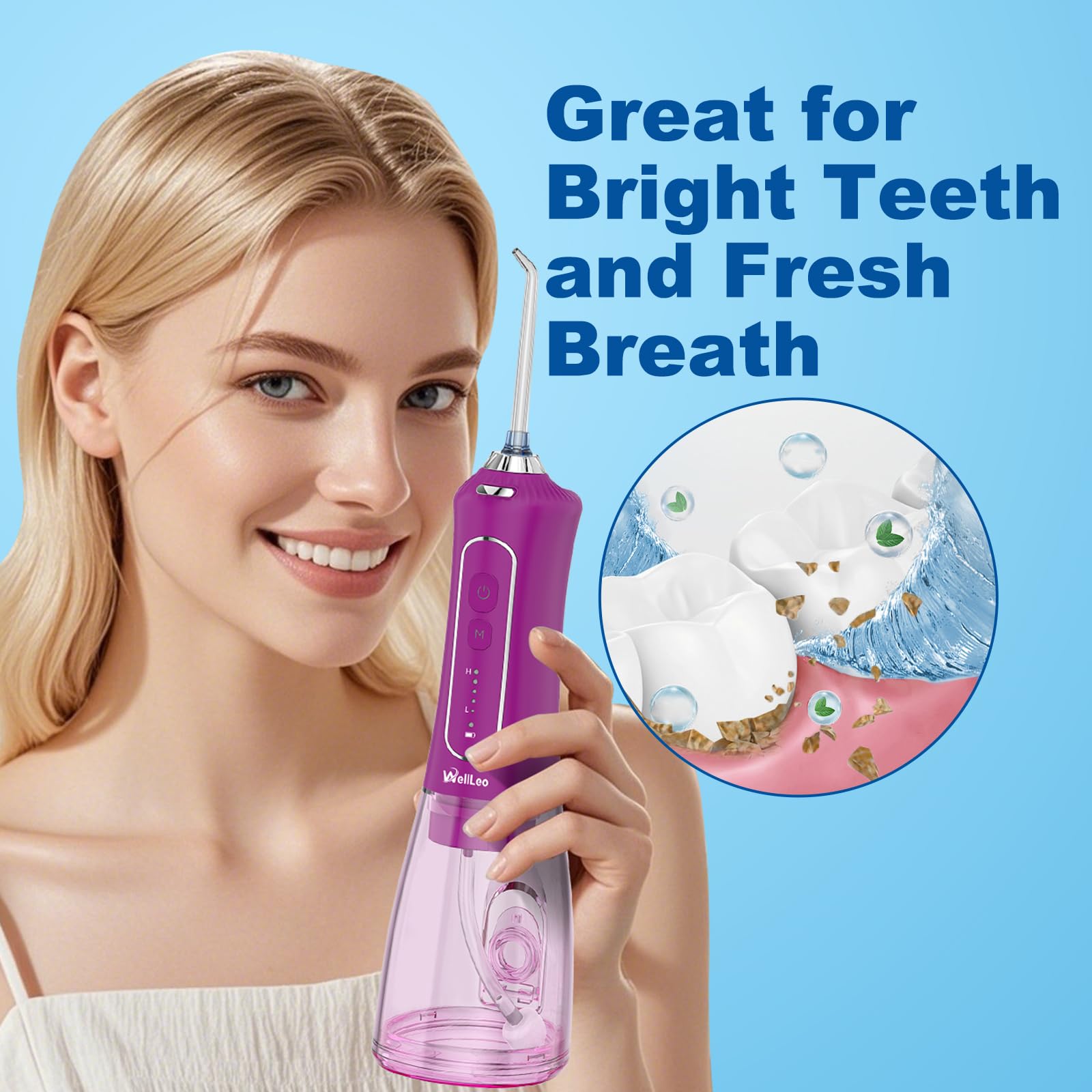 WellLeo Irrigador bucal para dientes, irrigador oral inalámbrico de 300 ml, púas dentales recargables con 5 modos, 5 puntas de chorro, limpiador de dientes impermeable IPX7 para el cuidado de las