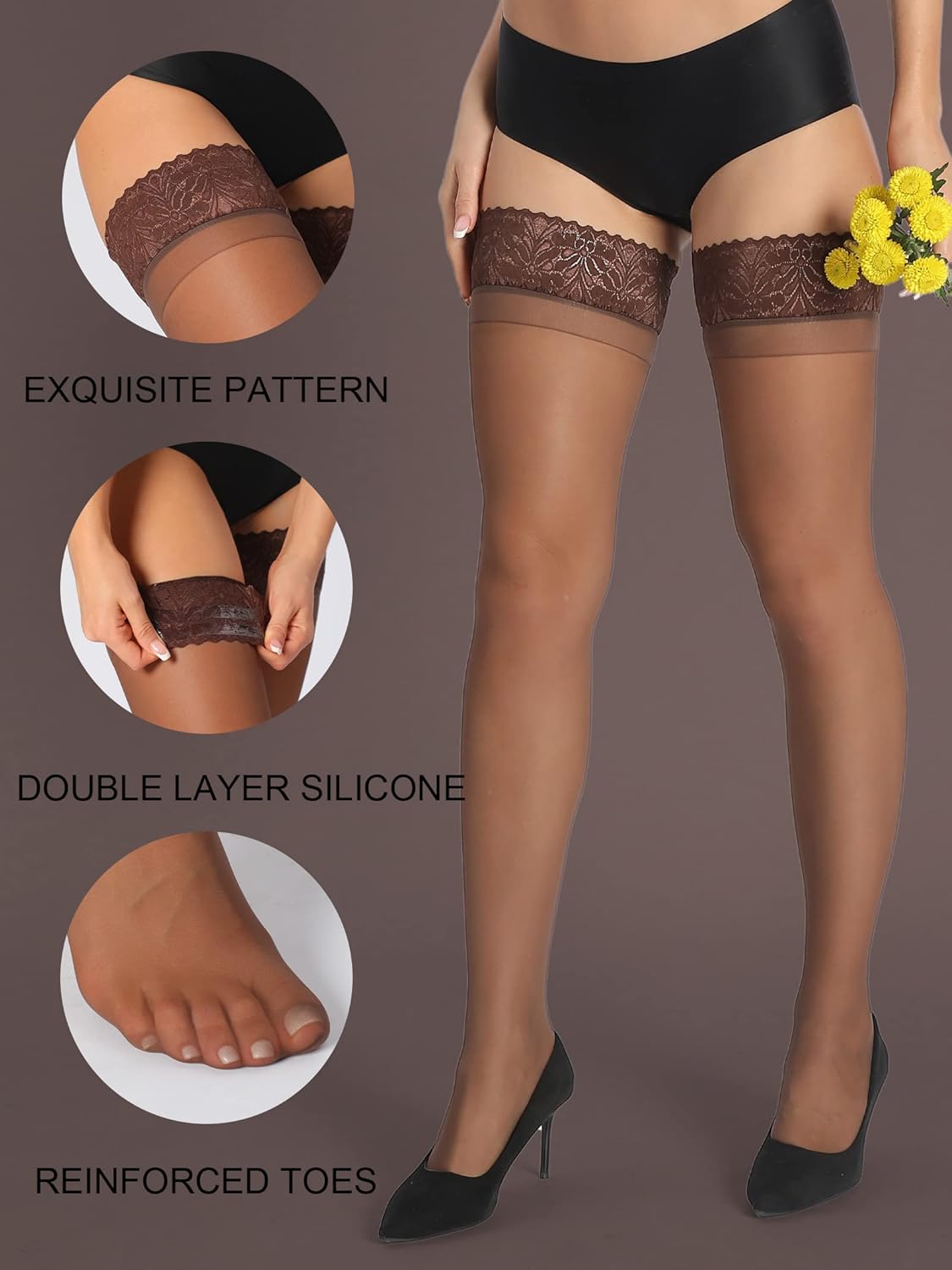 HONENNA 2 Pairs Sheer Thigh High Stockings, 17+ Colors Stay Up Lace Top with Anti-Slip Silicone for Women - Image 5
