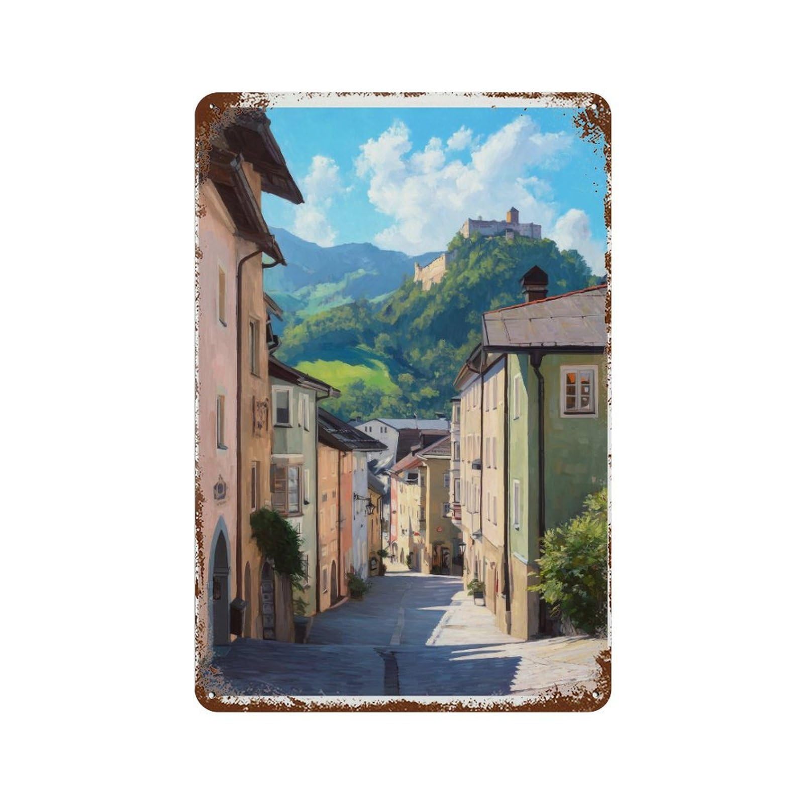 xiaoxiaoshen Kufstein Austria Watercolor Travel – Tyrolean Old Town Alpine Street Wall Decor Art Metal Tin Poster Modern Home Decor Art Home Bar Shop Decorations Vintage Sign 30x20cm