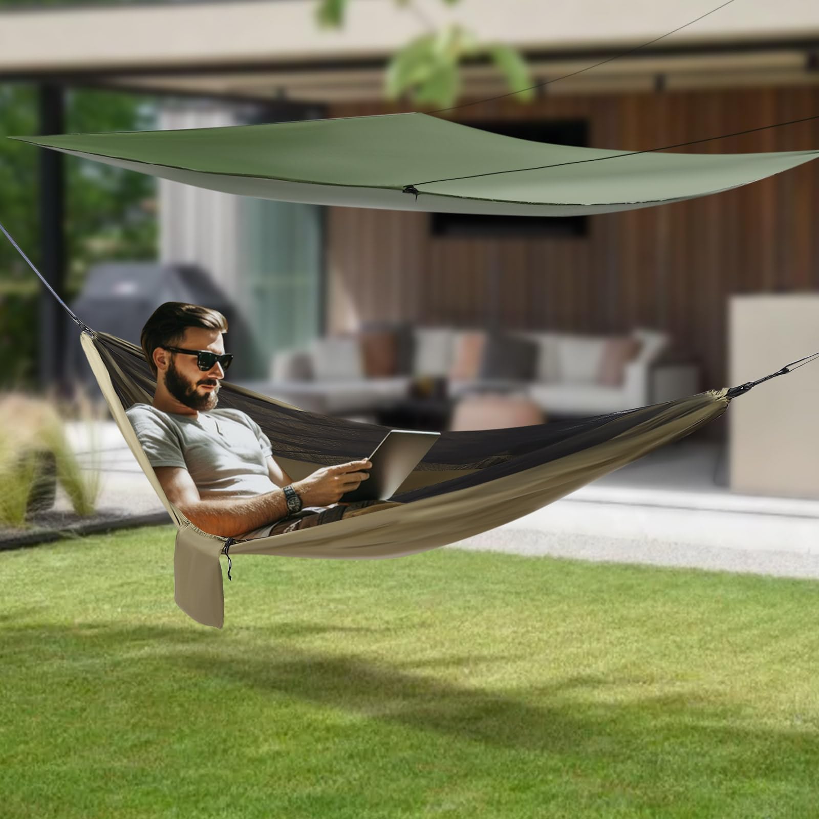 Amaca da campeggio, portata fino a 200 kg, con zanzariera, tenda e pioggia, per esterni, escursioni, 290 x 140 cm (verde militare)