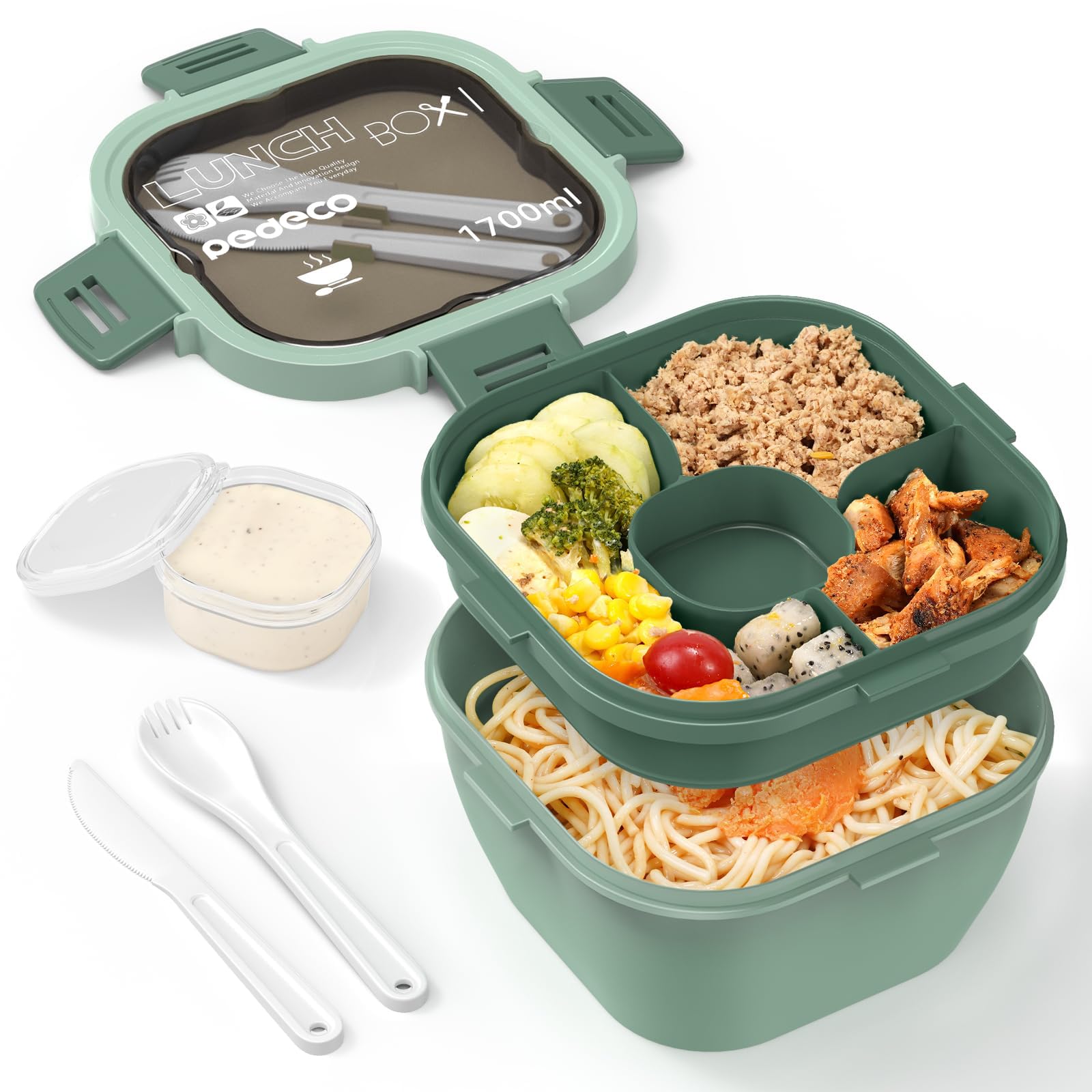 Large 60oz Salad Container Bowl for Lunch - Bento Box Tray, Leak-Proof Sauce Container, Airtight Lid, & Fork Bento Box Adult Lunch Box for Women; BPA-Free (Green)