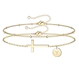 Stocking Stuffers for Teens Women - Initial Cross Bracelets for Women, 14K-Gold-Plated Dainty Cross Disc Letter A-Z Bracelet for Teen Girls Gifts Baptism Christian Gifts for Women Girls