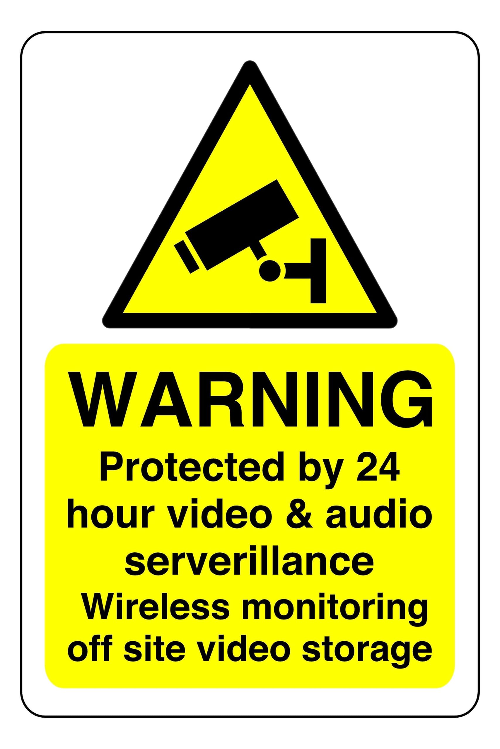 Warning Protected By 24 Hour Video Audio Surveillance - safety first display - 1.2mm Rigid plastic for indoor/outdoor usage (600mm x 400mm) Viewing Distance within 20m.