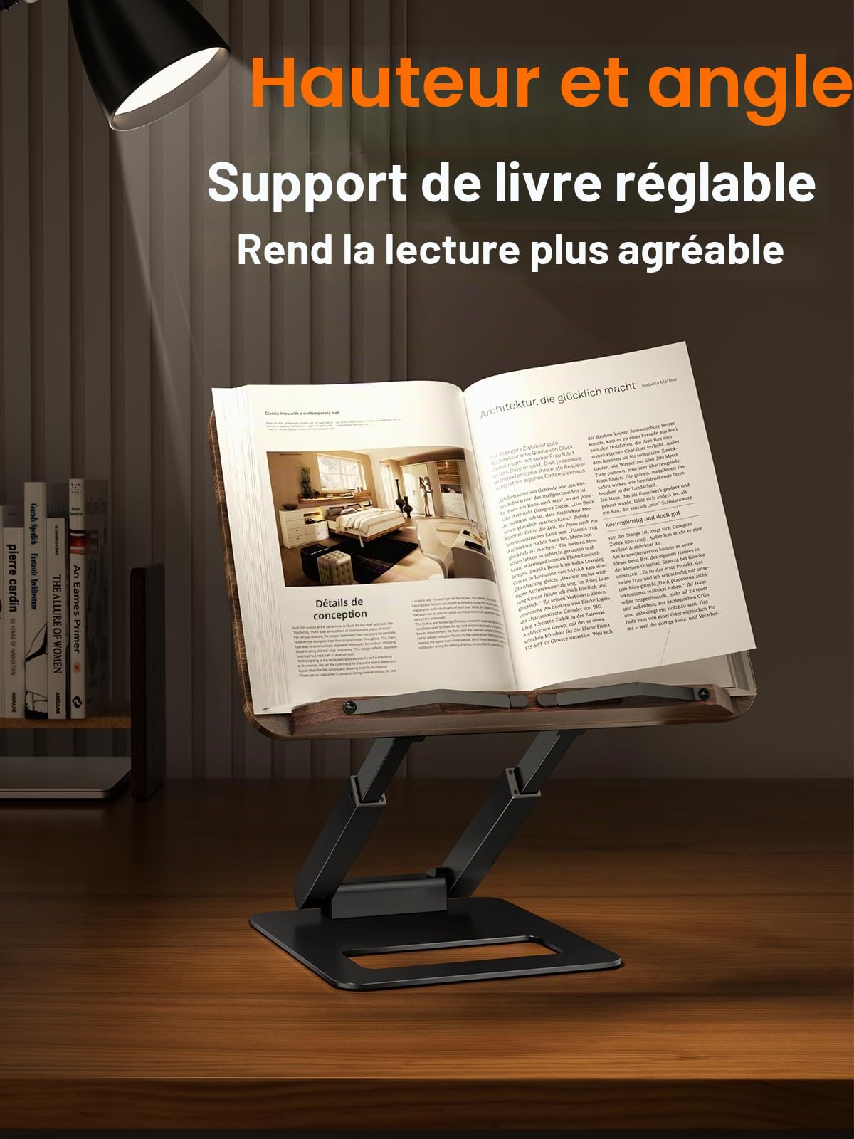 Tounee Support de livre télescopique réglable en hauteur - Design extensible - Support de livre de cuisine ergonomique avec pinces latérales élastiques - Convient à tous les livres (noir)