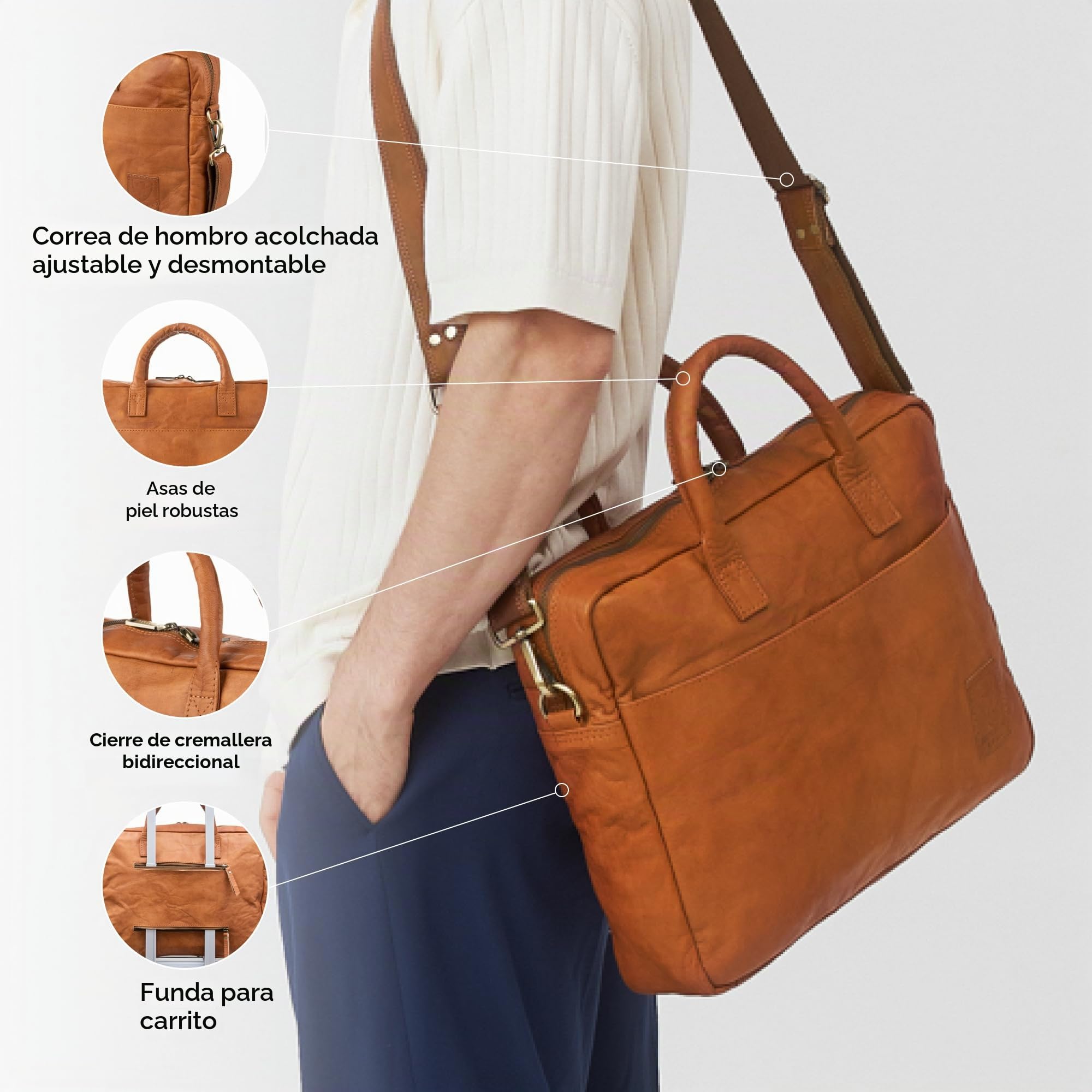Berliner Bags Madrid Bolso de Piel Auténtica para Portátil de 15” con Múltiples Bolsillos y Correa Ajustable, para Hombre y Mujer – Marrón