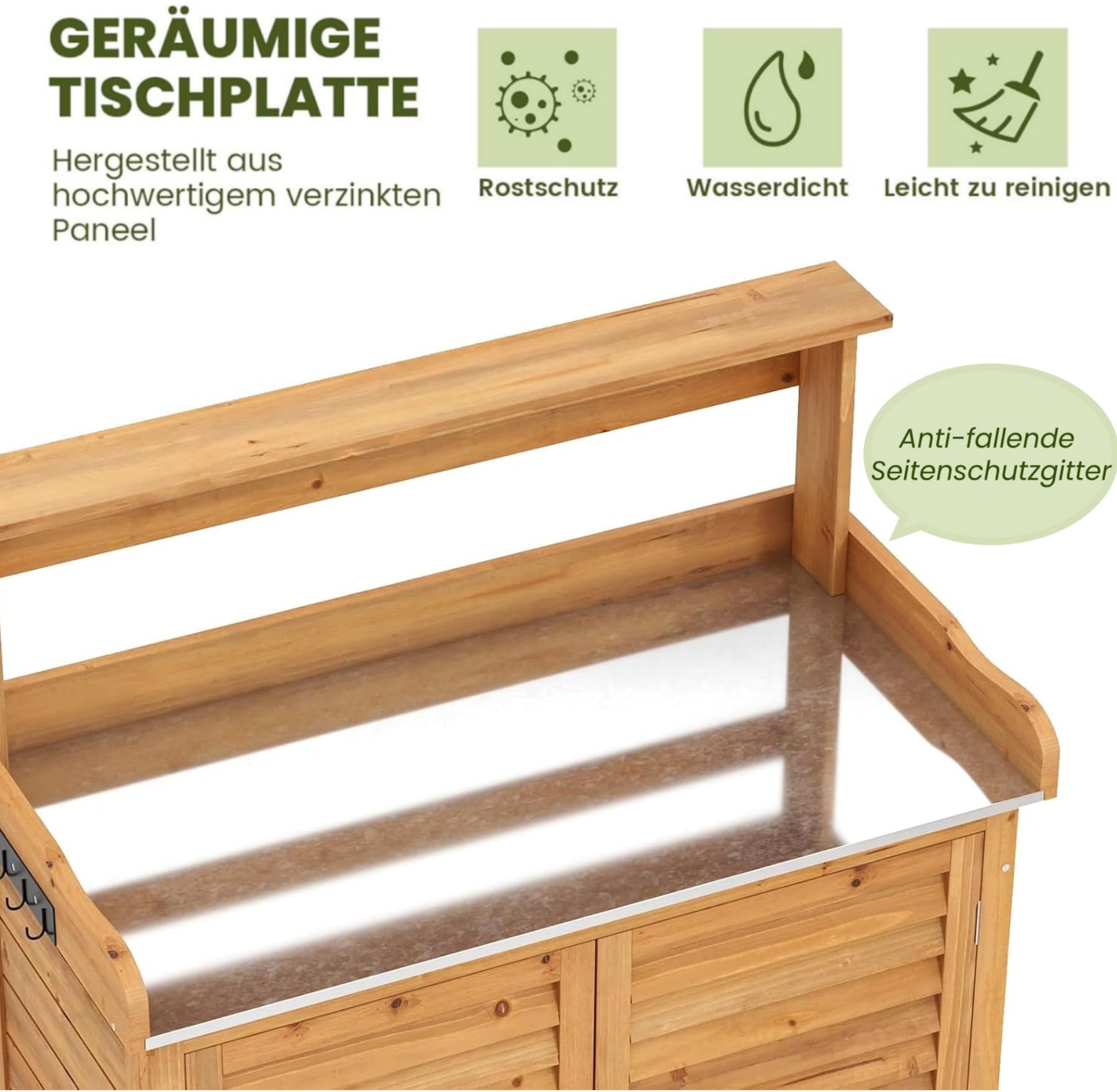 RELAX4LIFE Pflanztisch Outdoor, Gartentisch Holz mit Unterschrank & Verzinkter Arbeitsplatte & Abnehmbaren Regalen & Haken, Arbeitstisch wetterfest für Garten, Hof, Terrasse, 87 x 45 x 120 cm, Natur