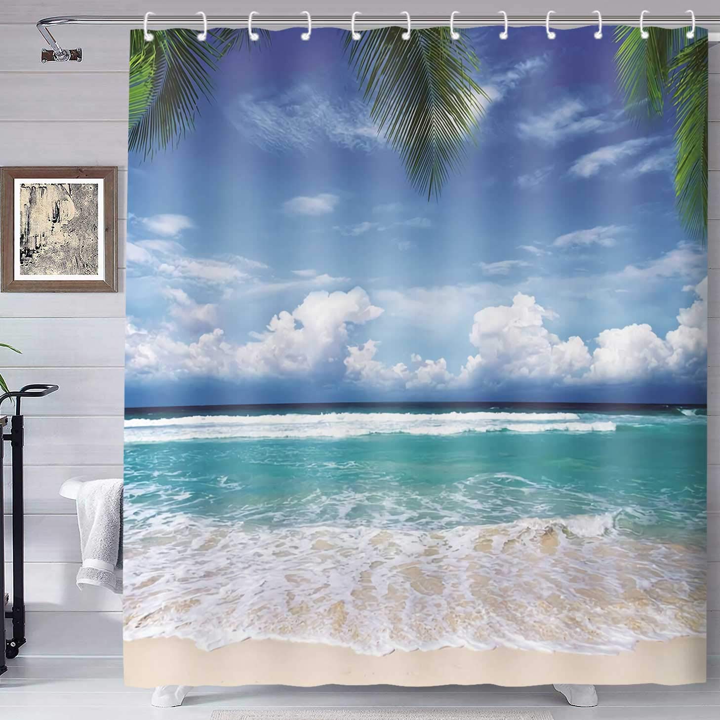 TERSUM Hawaii Beach Scene Shower Curtain Tropical Beach Theme Aloha Palm Blue Waterproof Fabric Bathroom with Hooks 72x72 Inches YLHXTE294