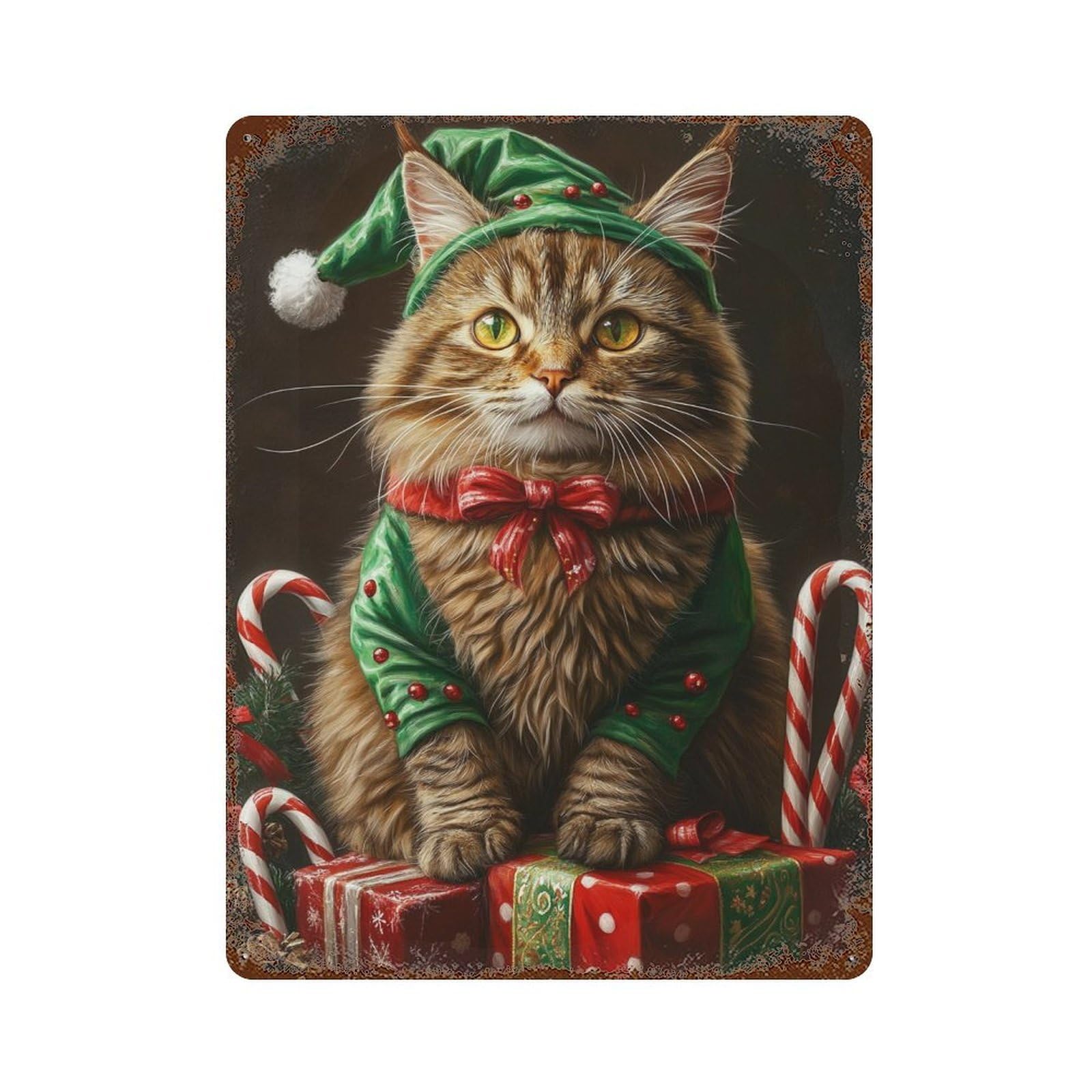 Christmas Cat Elf Costume-1 Rusty Metal Tin Sign 15.7"x11.8", Vintage Wall Decor for Garage, Pub Or Kitchen
