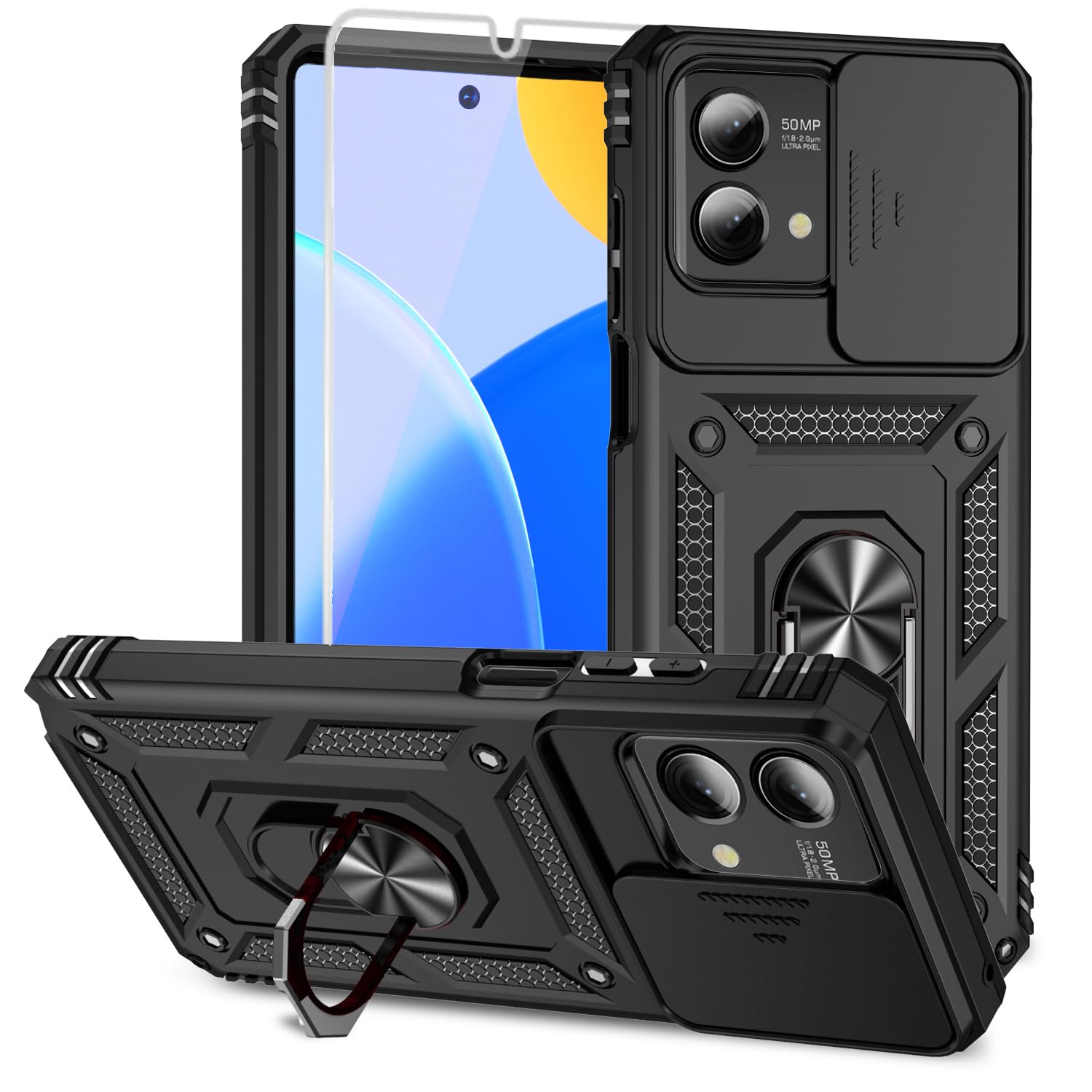 for Moto G Stylus 5G 2023 Case,with Screen Protector and Camera Cover,[Military Grade] 16ft. Drop Tested Shockproof Phone Cover with Magnetic Kickstand for Motorola G Stylus 5G 2023, Black