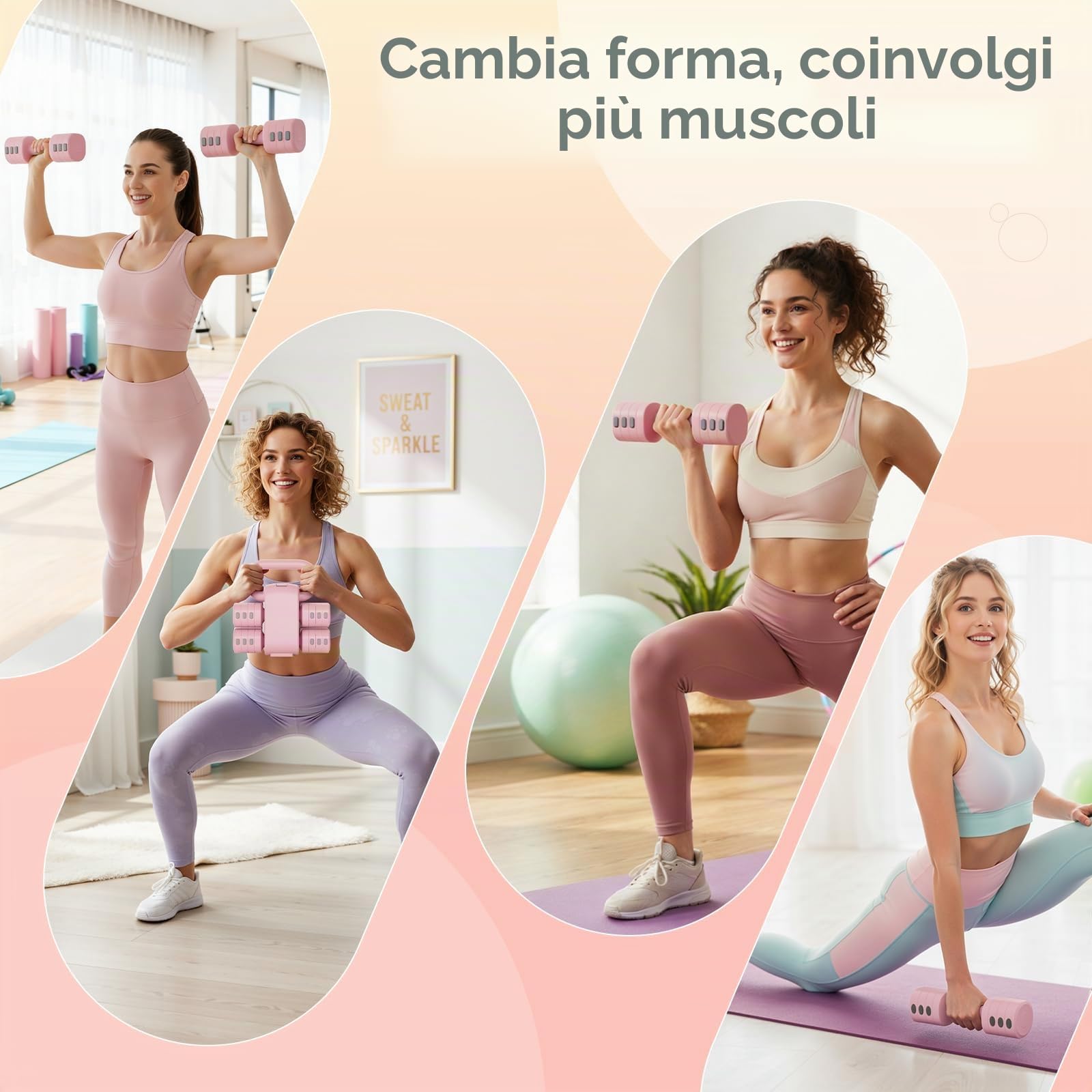 Set di 2 manubri regolabili 2 in 1, per donne e uomini, 4 livelli di peso con adattatore kettlebell, set di manubri per casa (Rosa)
