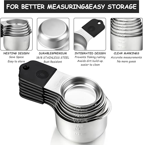 Miniatura 2 de Juego de tazas y cucharas medidoras magnéticas de acero inoxidable, apilables, 7 tazas medidoras magnéticas de metal, 8 cucharas medidoras