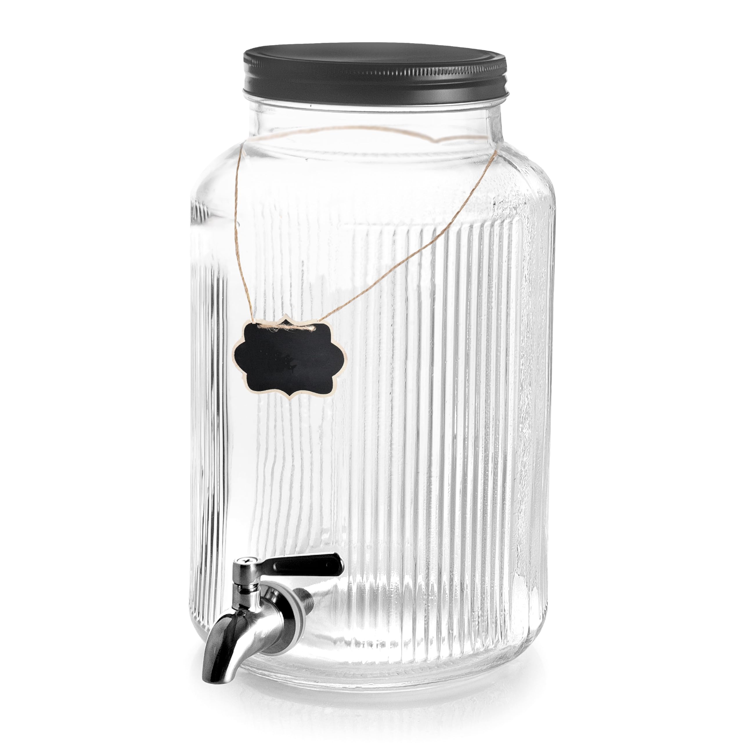 Lacor - 61948 - Jarra dispensadora, Grifo, Tapa cierre hermético, Incluye cartel y tizas, Ideal para bebidas frías, Cristal, Acero inoxidable 18/10, Boca ancha Ø11,5 cm, Color negro, 5,5 Litros