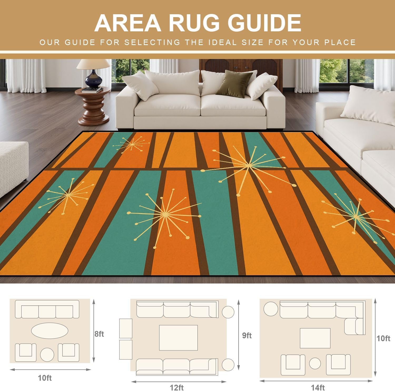 8x10 Area Rugs for Bedroom Boho Washable Rug for Living Room 50s Mid Century Modern Vintage Retro 1950s Mod Fifties Carpet for Dining Room Soft Rubber Backed Non-Slip Carpets for Bedroom Office