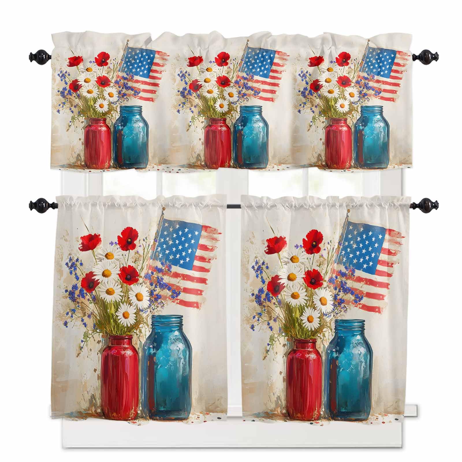 Independence Day Kitchen Curtains 36 Inch Length, 3 Piece Rod Pocket Small Half Tiers and Valance Set, Red Blue American Flag Poppy Flower Small Large Window Treatment Decor for Bedroom/Bathroom Sink