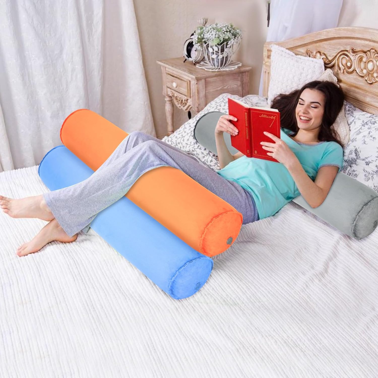EULANT 2 Pièces Coussin Gonflable pour Dormeur Latéral, Léger Oreiller Long et Rond, Doux Traversin pour Le Corps, Oreiller de Soutien pour Voyage, 120 * 20cm, Gonflable et Compact