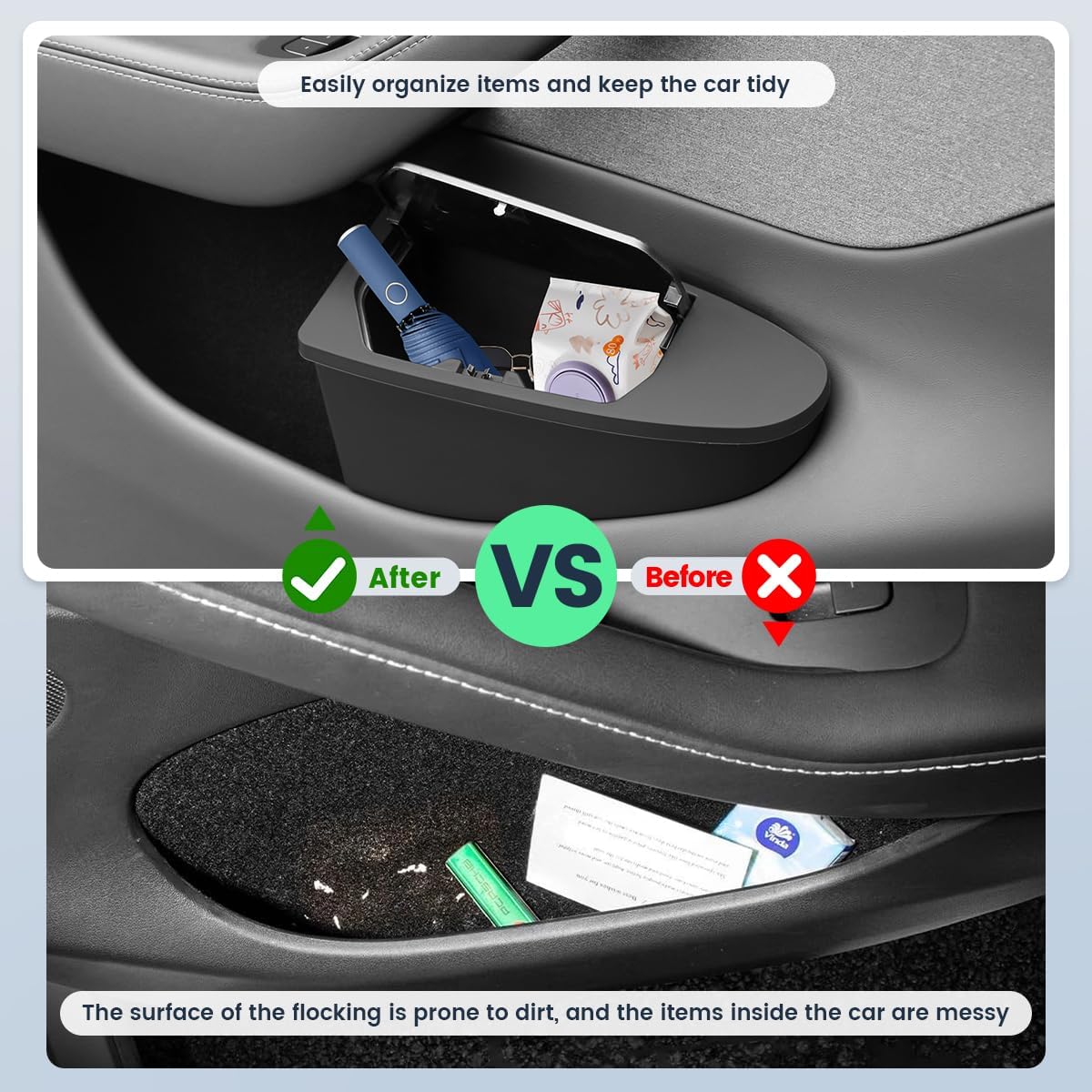 Front Door Storage Organizer Compatible with Tesla Model Y Juniper 2025 2026, 2 PCS Car Trash Can Trash Bin with Push-Open Lid Waterproof Side Door Storage Box - Black