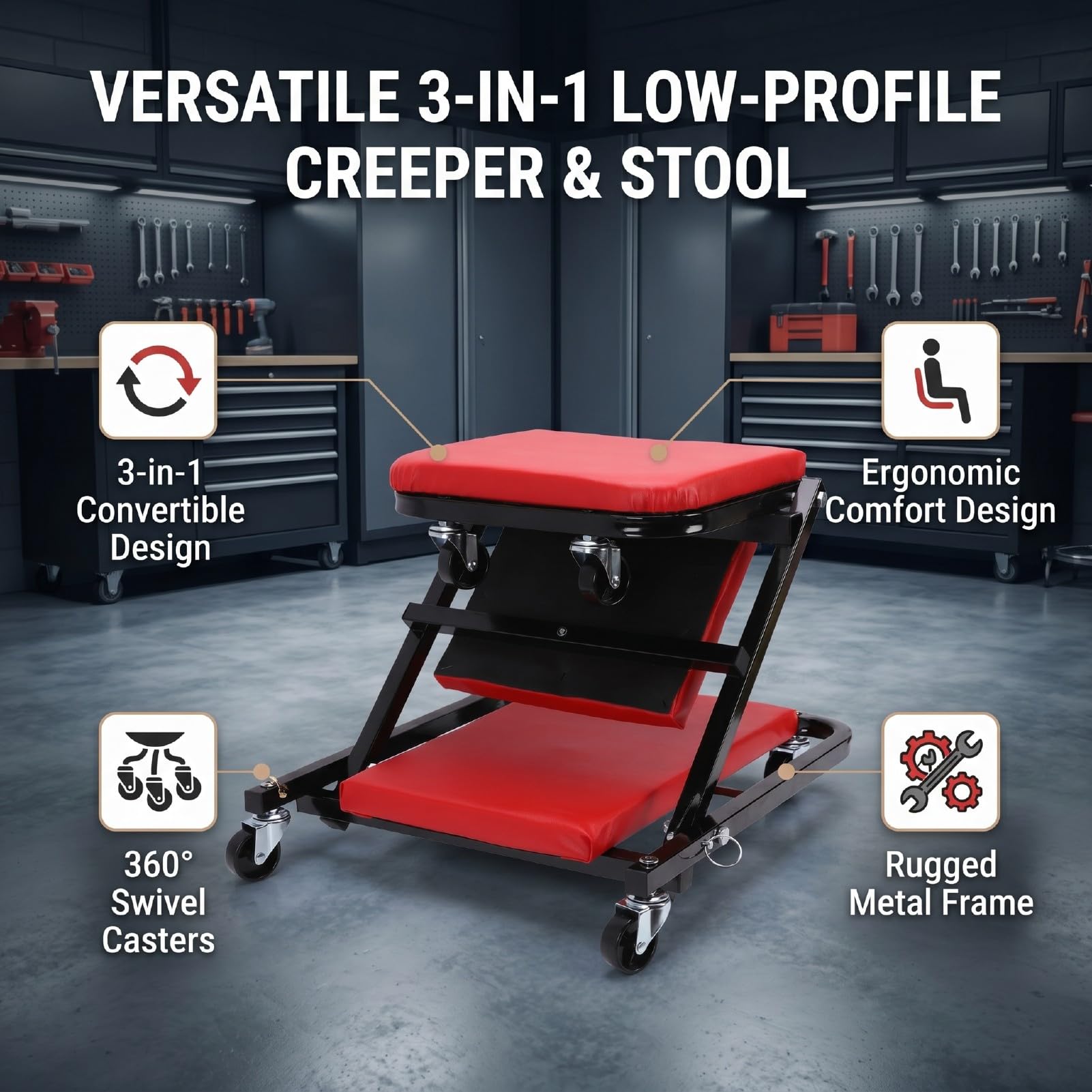 CHICIRIS Camilla para Mecánico Convertible 3 en 1, Asiento con Ruedas Giratorias for Reparación y Mantenimiento de Automóviles (Rojo) | Estructura acolchada gruesa, metal resistente, ruedas giratorias; ideal para taller.