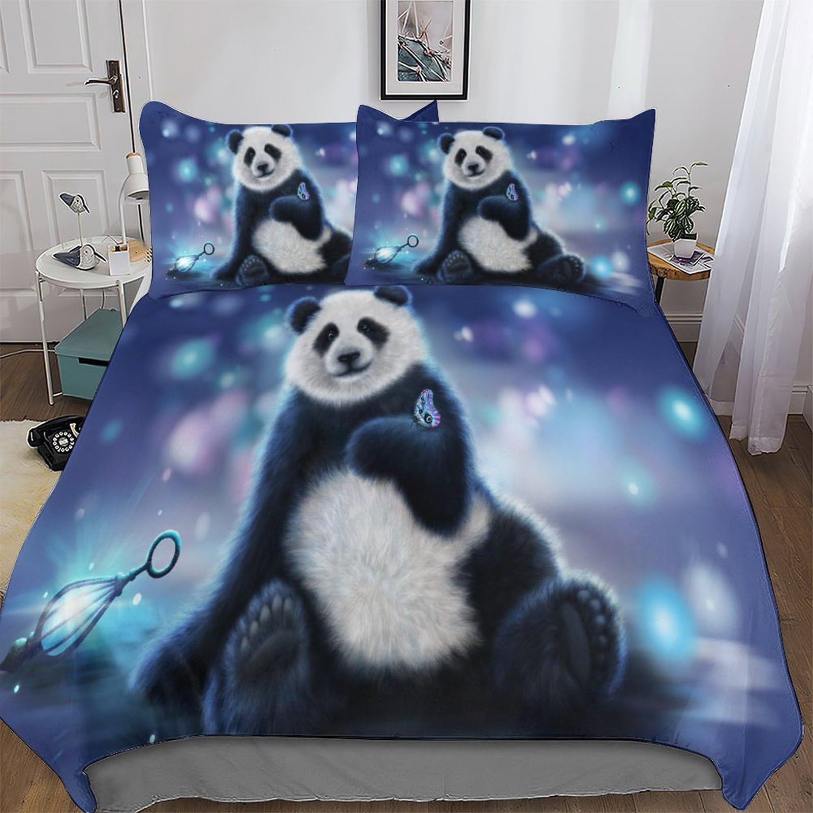 Housse de couette panda anti-plis en microfibre douce, parure 3 pièces grand lit 220x240cm