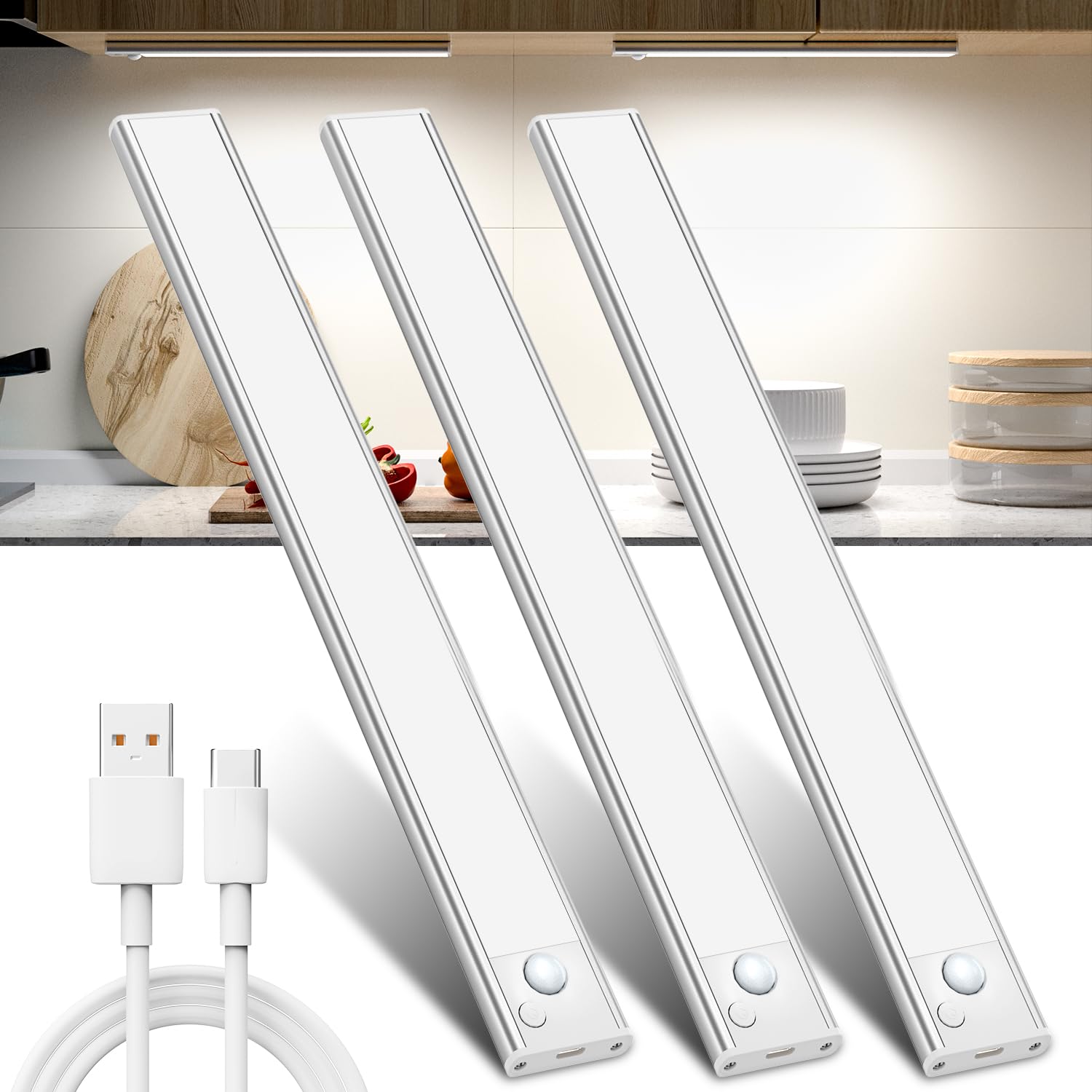 JEKEMORYE Luce LED Sottopensile Cucina Luci - Bianco 30CM 3 Pezzi