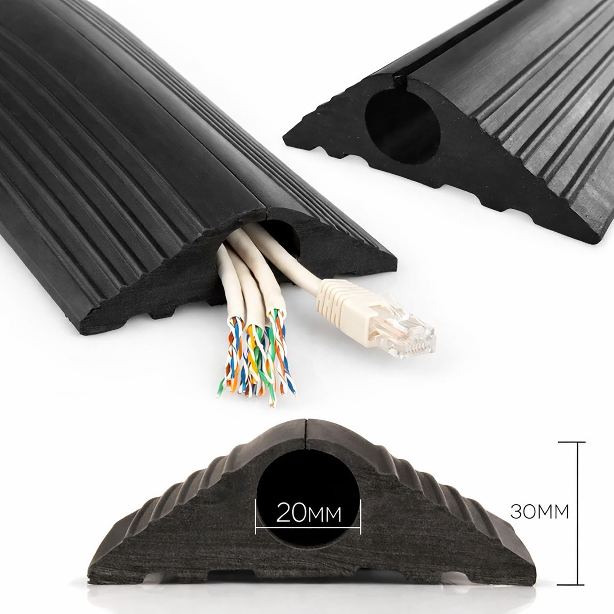 On1shelf Protector de cable de goma industrial para exteriores, cubierta de alambre de seguridad, negro 1 m, 100 cm, resistente, agujero de 20 mm, cubierta de cable de extensión larga, rampa