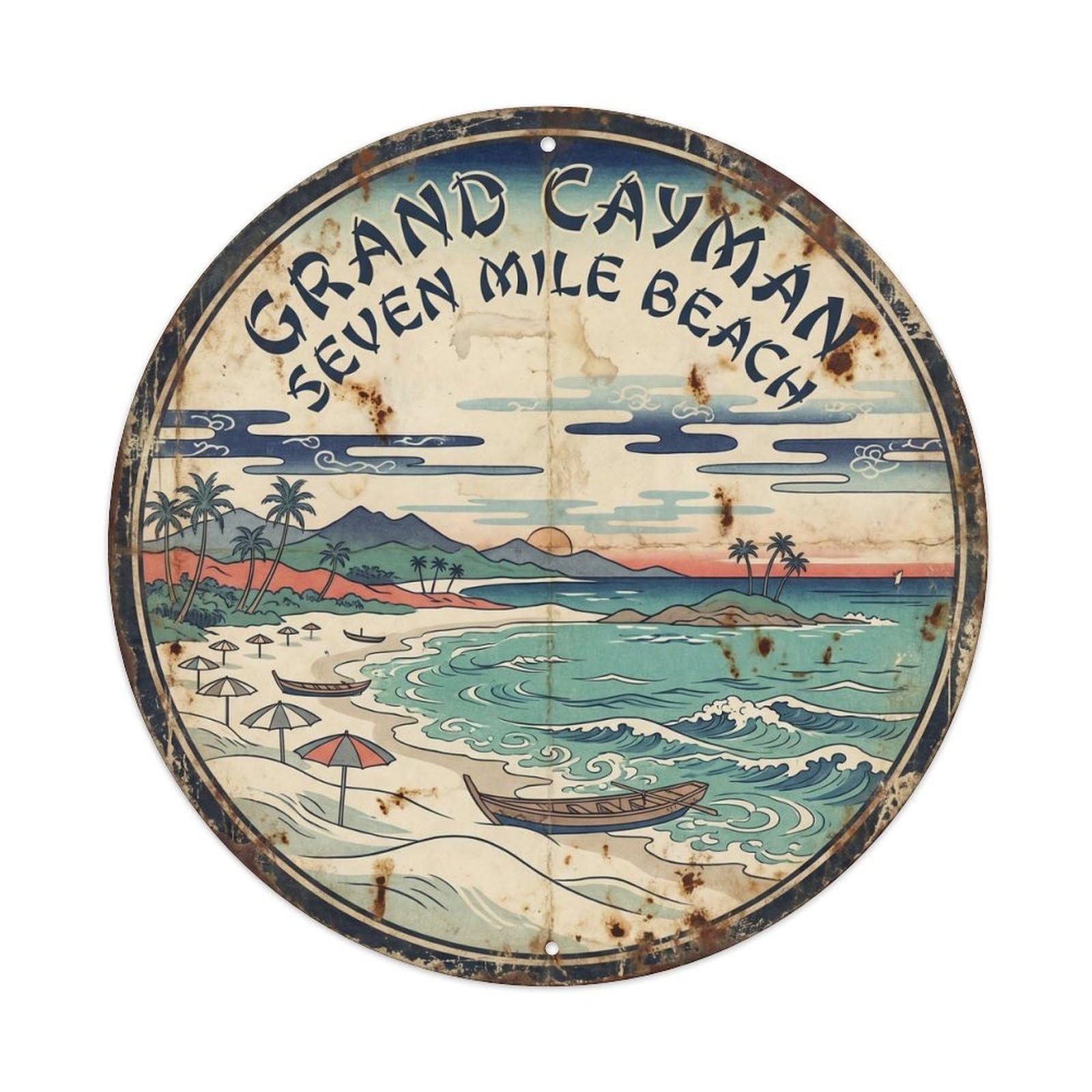 Grand Cayman Seven Mile Caribbean Island Woodblock Metal Tin Sign