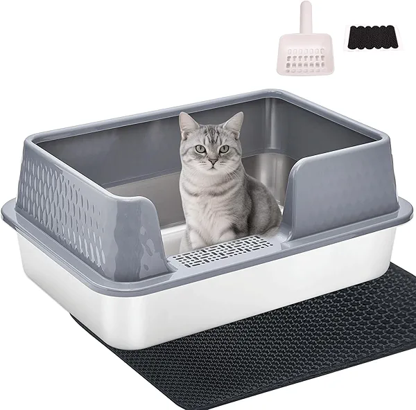 Kittenhood Stainless Steel Litter Box with Lid Cover Mats Scooper, Kitten Litter Box Low Entry, Suitable for Small Space Senior Cats, Side Entry, Grey Enclosure