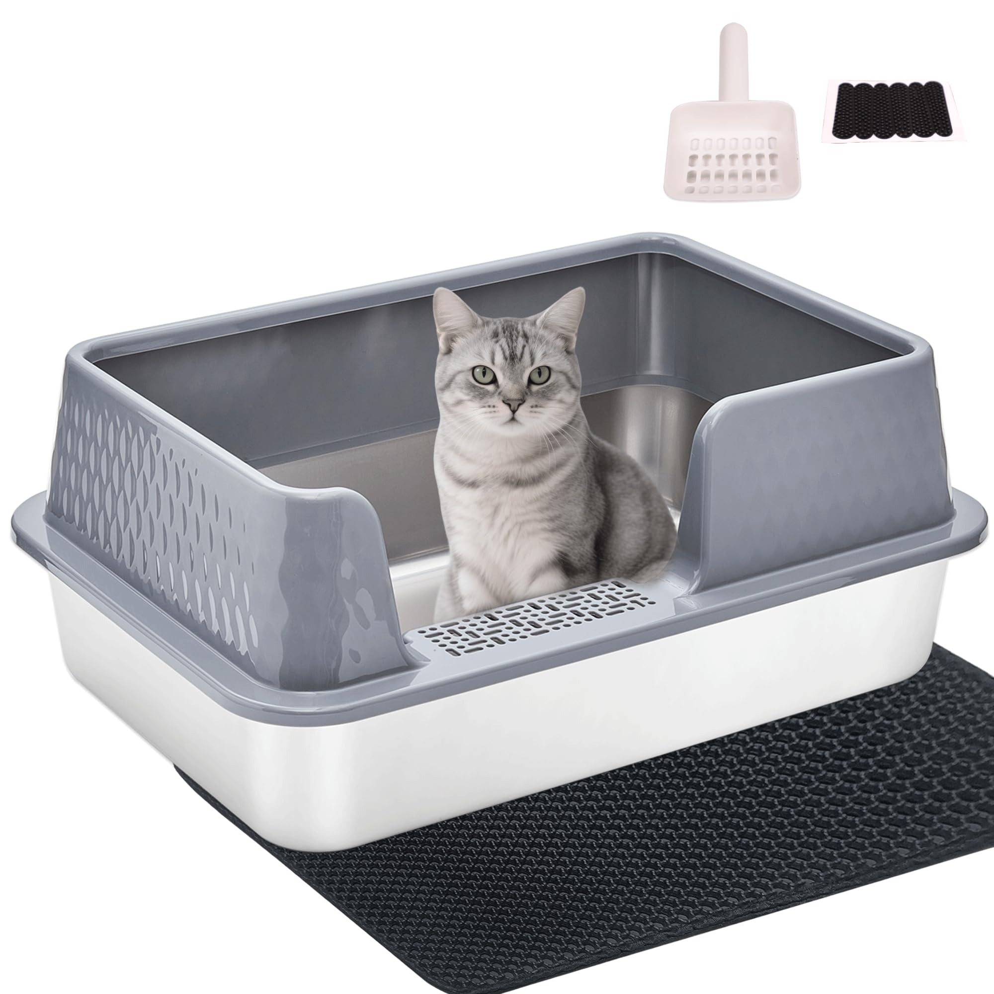 Stainless Steel Litter Box with Lid Cover Mats Scooper, Kitten Litter Box Low Entry, Suitable for Small Space Senior Cats, Side Entry, Grey Enclosure