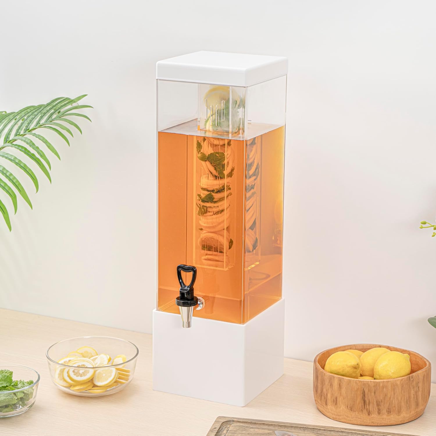 Restaurantware Bev Tek 3 Gallon Beverage Dispenser 1 Square Drink Dispenser For Parties - With Infusion Core Bamboo Base Clear Acrylic Drink Dispenser With Stand Easy-To-Use Spigot