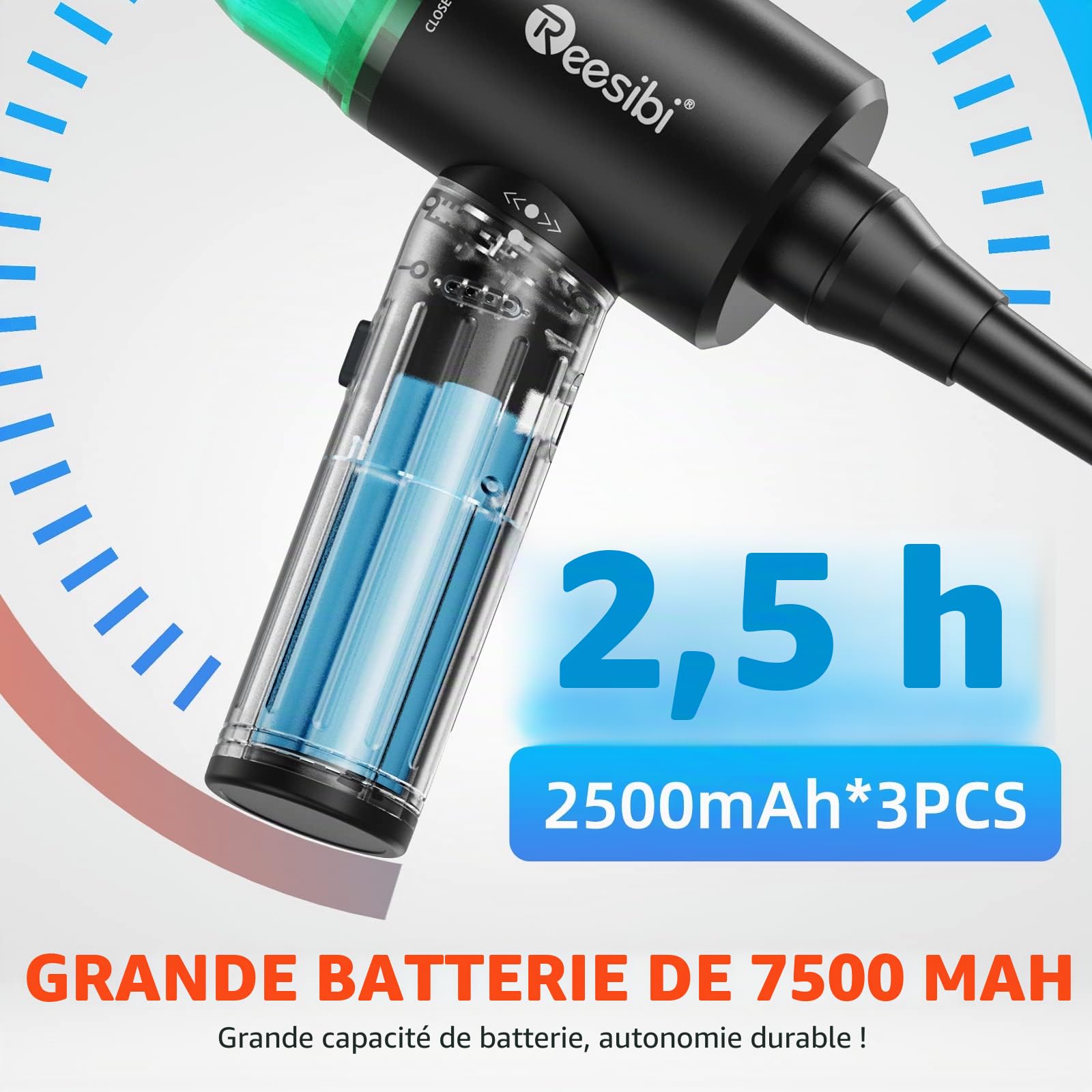 【Moteur sans Balais】 4-in-1 90W 130000RPM Plus Puissant Air Comprimé Depoussierante & 12 Kpa Aspirateur, Indicateur de Puissance, 3 Vitesses, Puce Intelligente, 7500mah, 15W Charge Rapide