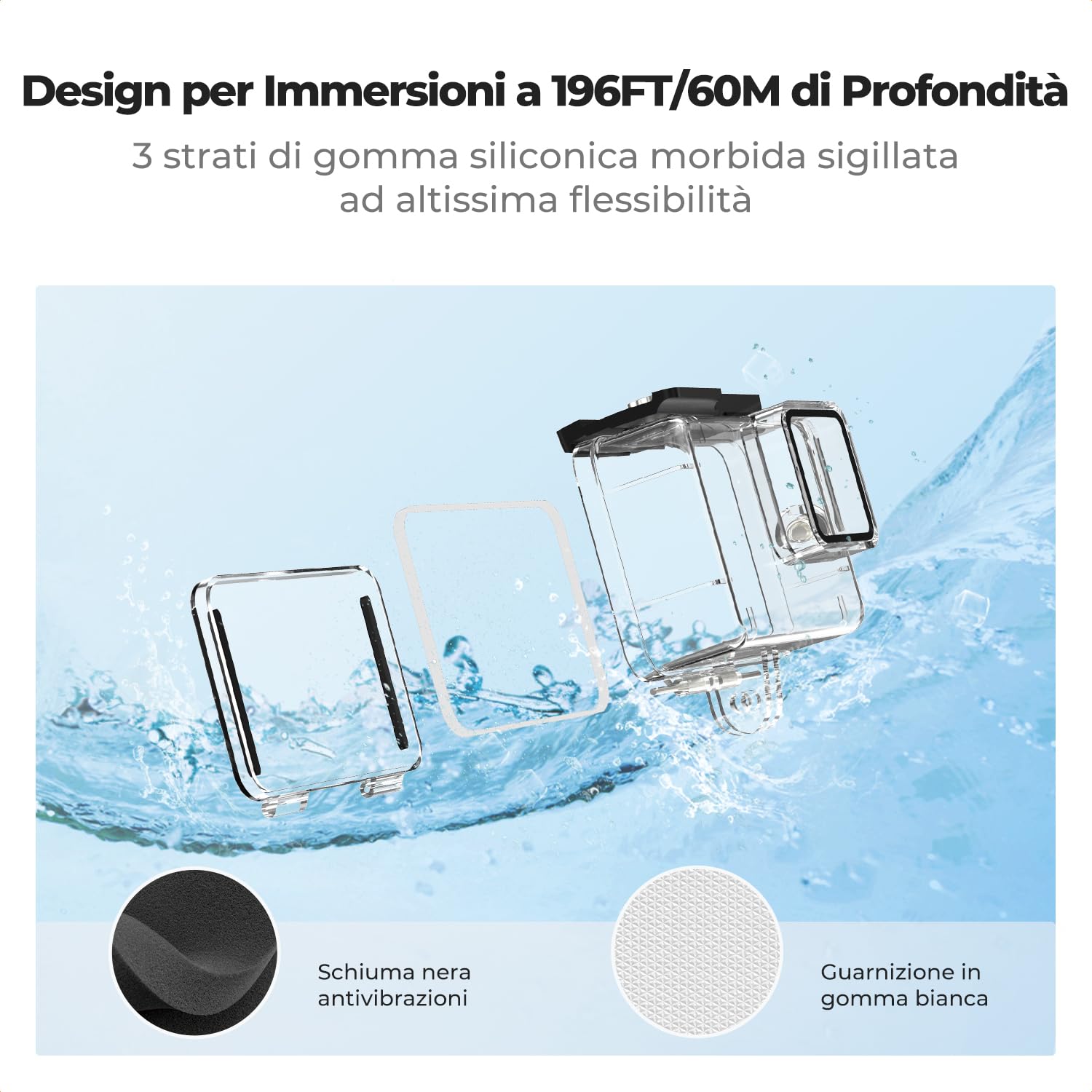 K&F Concept 60M/196FT Custodia Impermeabile per GoPro Hero 13 Black, Custodia Subacquea Protettiva per Go Pro 12/11/10/9 Black Accessori, Guscio Impermeabile per Videocamera D'azione