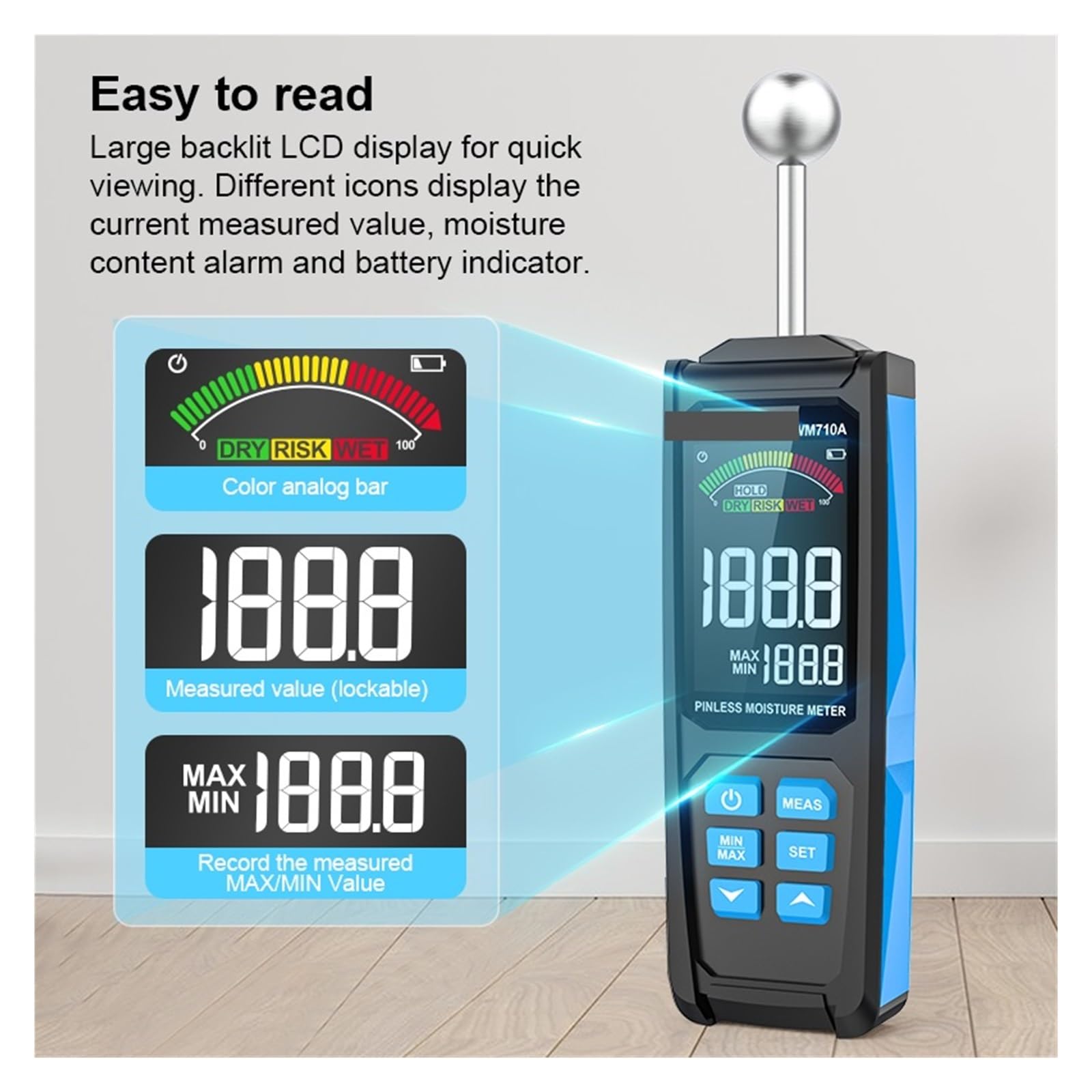 Digitaler Holzfeuchtemesser, Detektor, Alarmfunktionstester, Berührungsloses Hygrometer