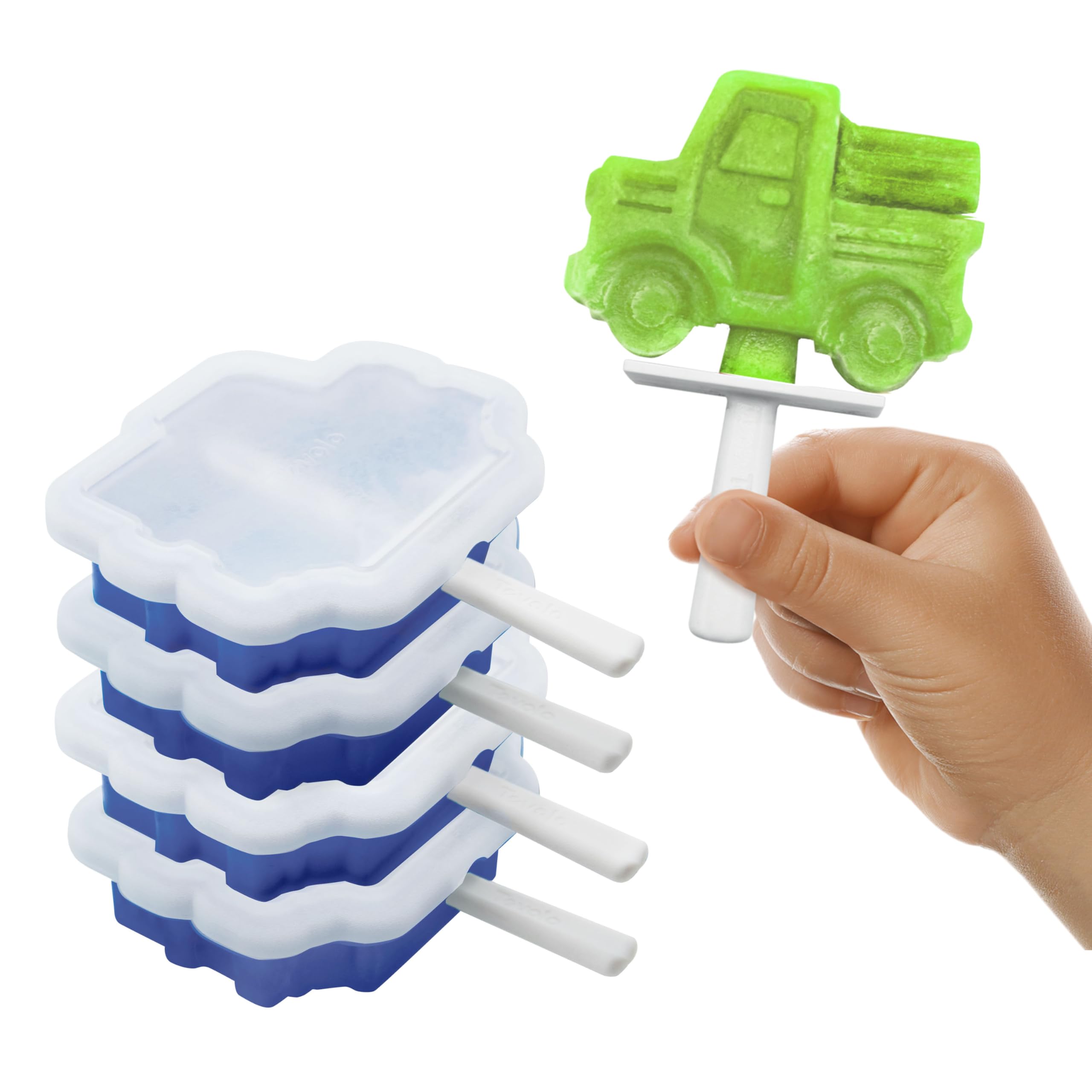 Tovolo Truck Popsicle Mold Pack of 4 Silicone Ice Pop Makers with Sticks for Kids, Stackable Construction Vehicle Shaped Frozen Treats, BPA Free Dishwasher Safe Truck Molds for Popsicles
