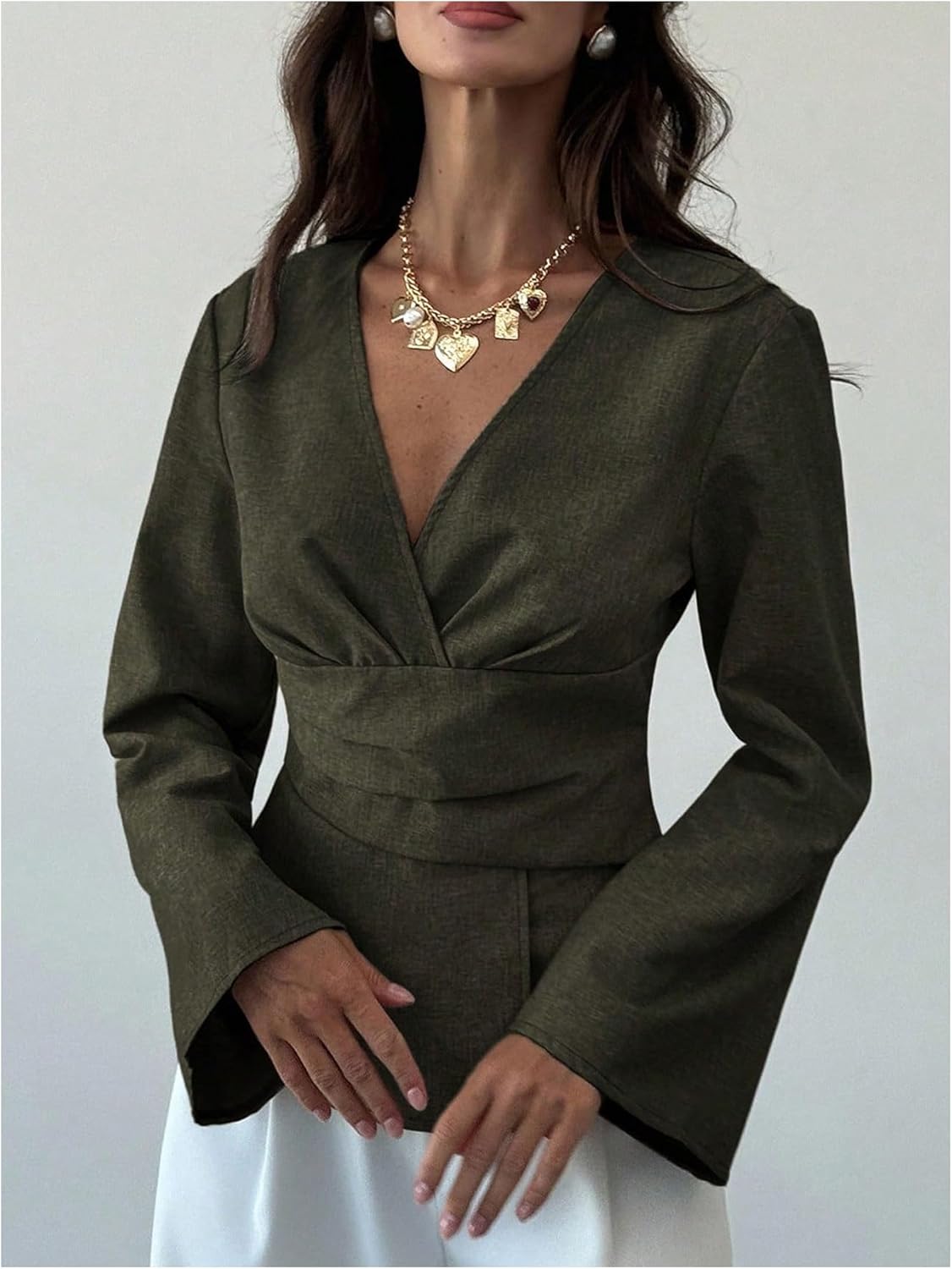 MakeMeChic Women's Wrap V Neck Blouse Bell Sleeve Pleated Business Dressy Tops - Image 4